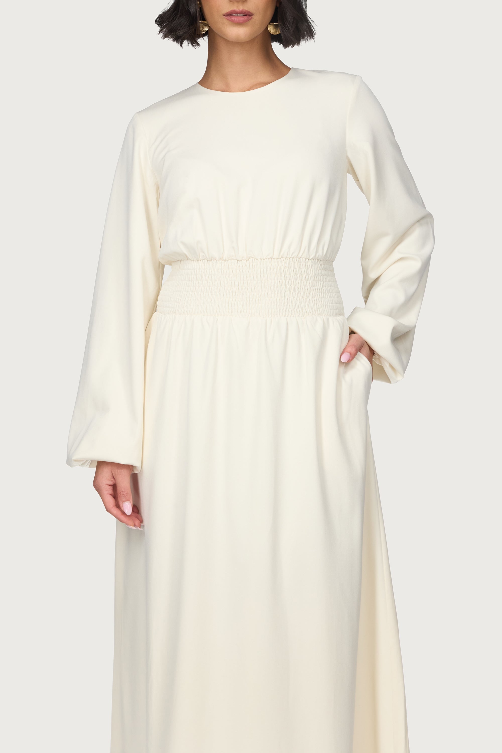Smocked Waist Dress - Bone Abayas Veiled