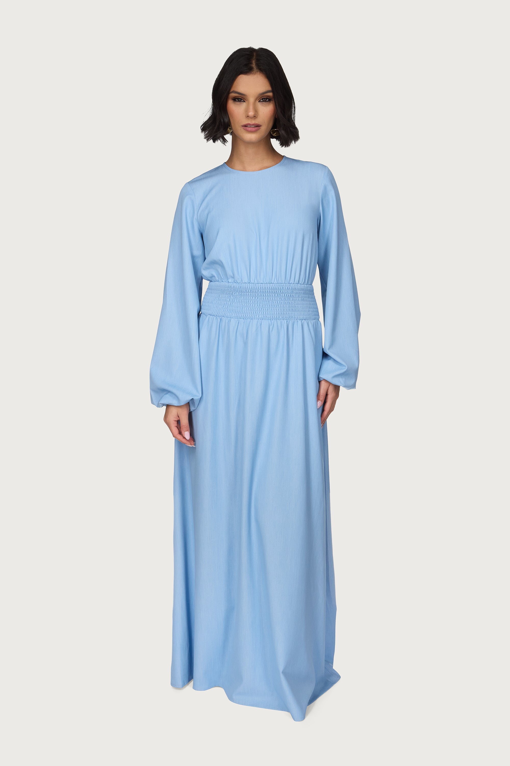 Smocked Waist Dress - Light Denim Abayas Veiled