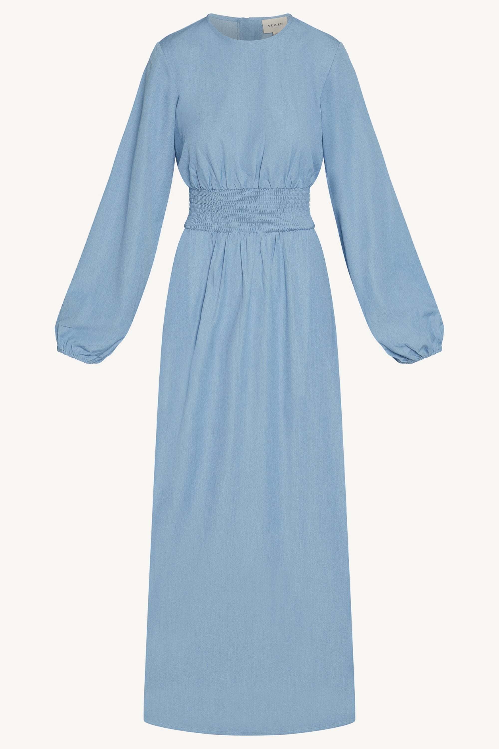 smocked waist denim dress Skyline Chic Smocked Denim Maxi Dress