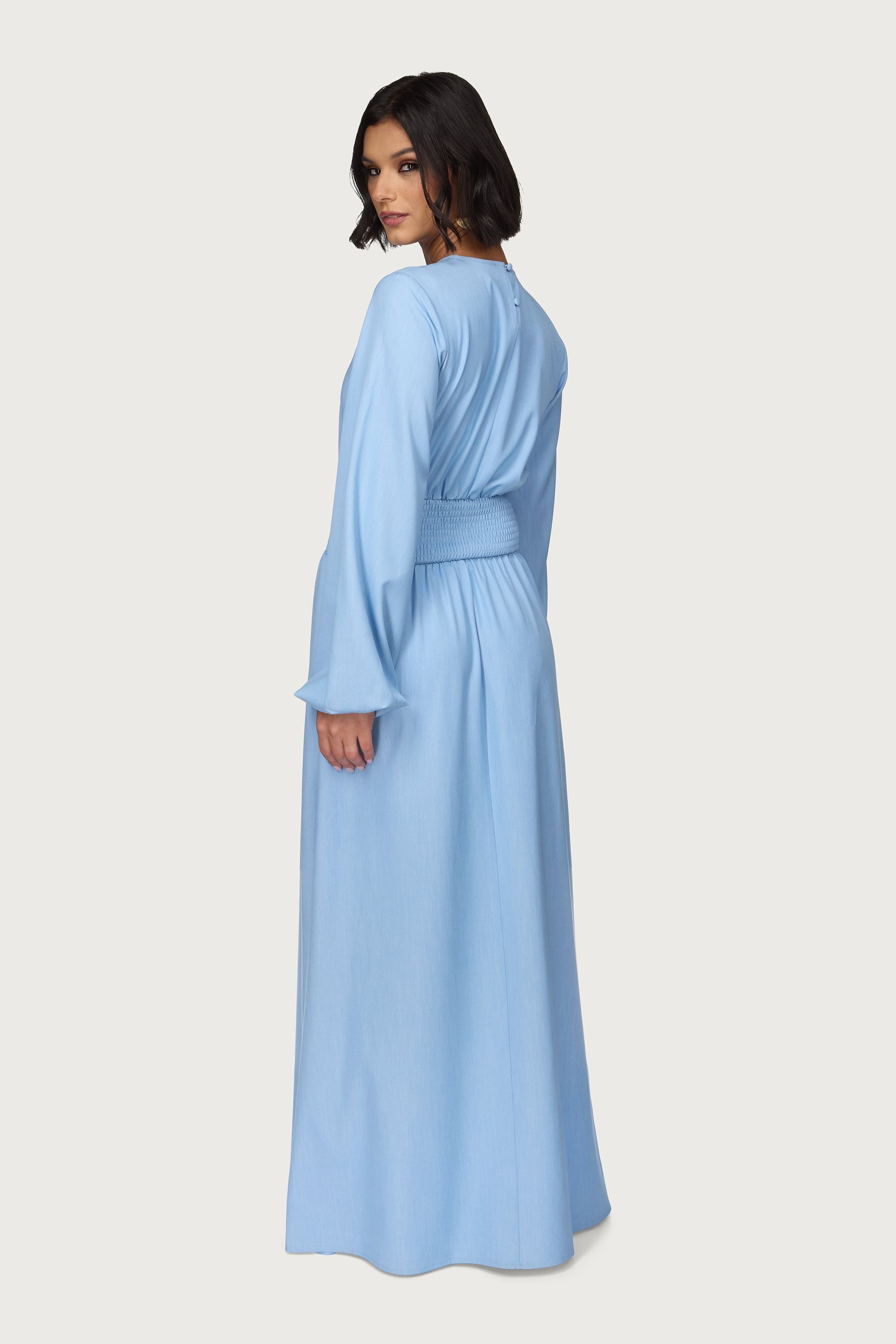 Smocked Waist Dress - Light Denim Abayas Veiled