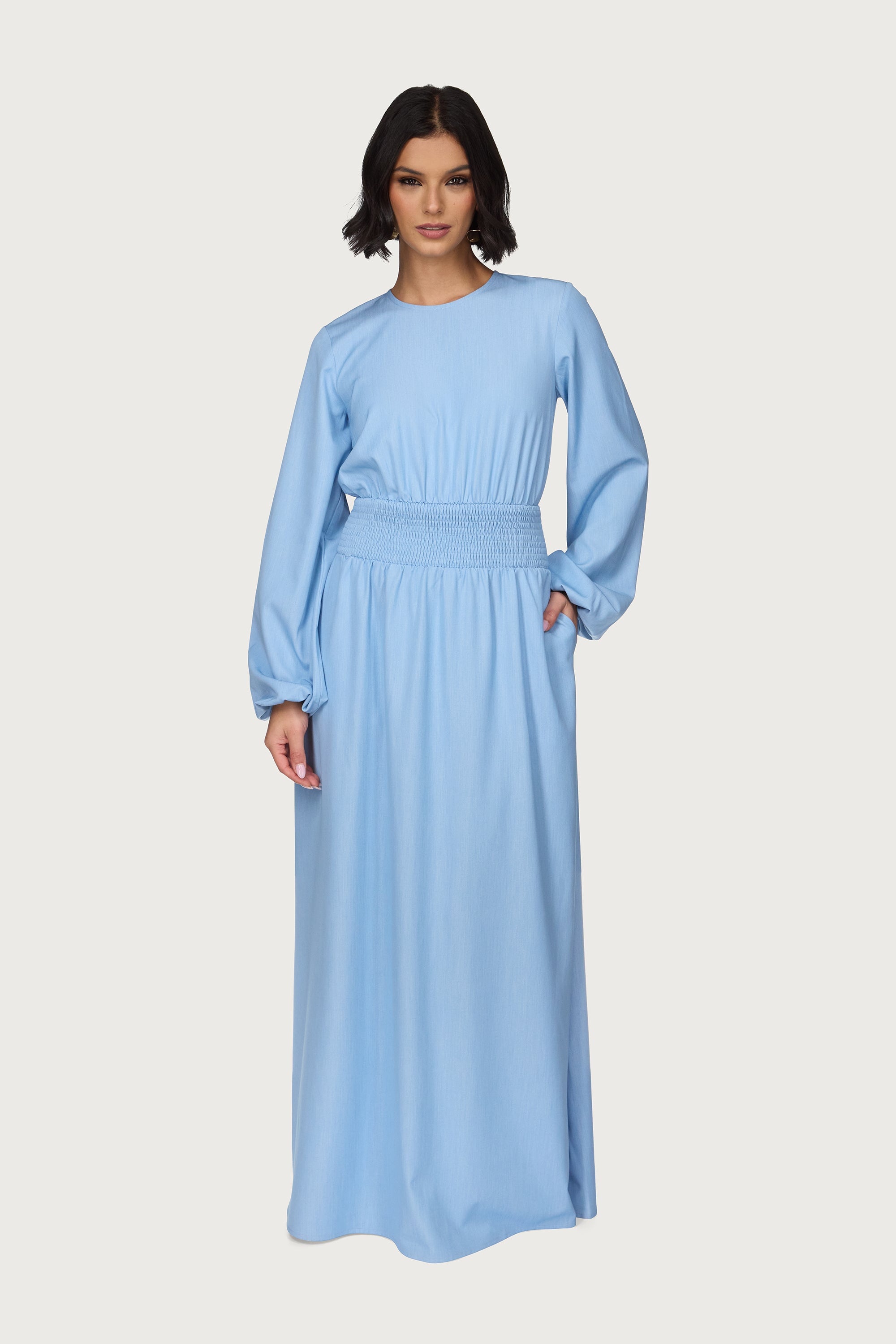 Smocked Waist Dress - Light Denim Abayas Veiled