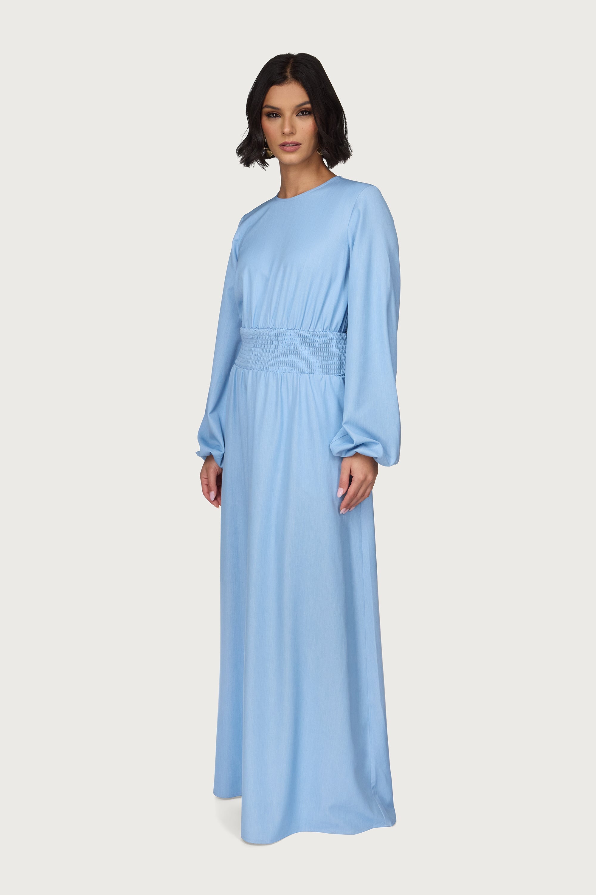 Smocked Waist Dress - Light Denim Abayas Veiled