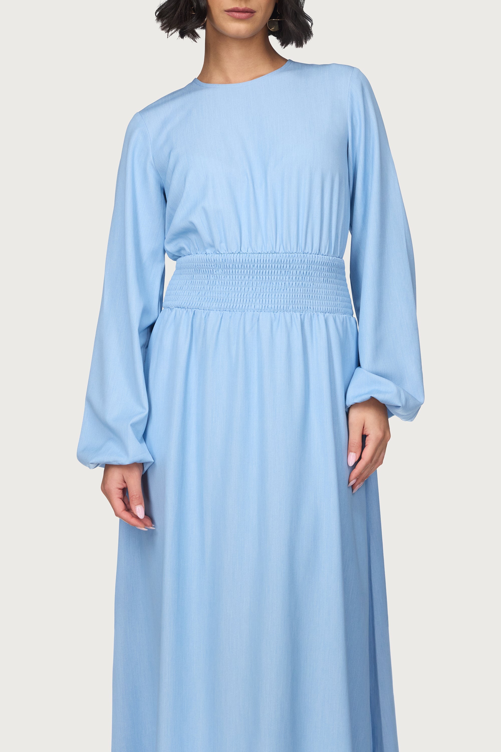Smocked Waist Dress - Light Denim Abayas Veiled