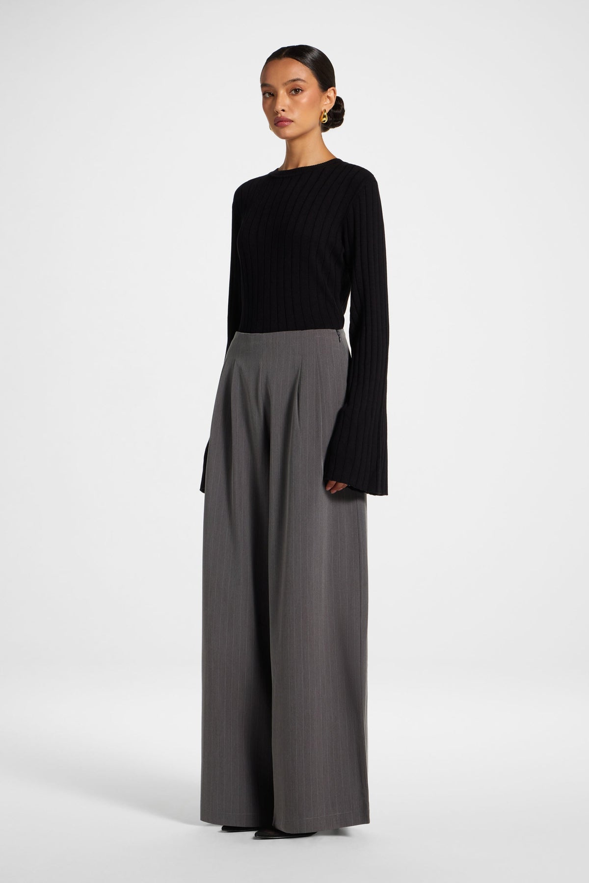 Stripe Pleat Wide Leg Pant - Charcoal Pants Veiled