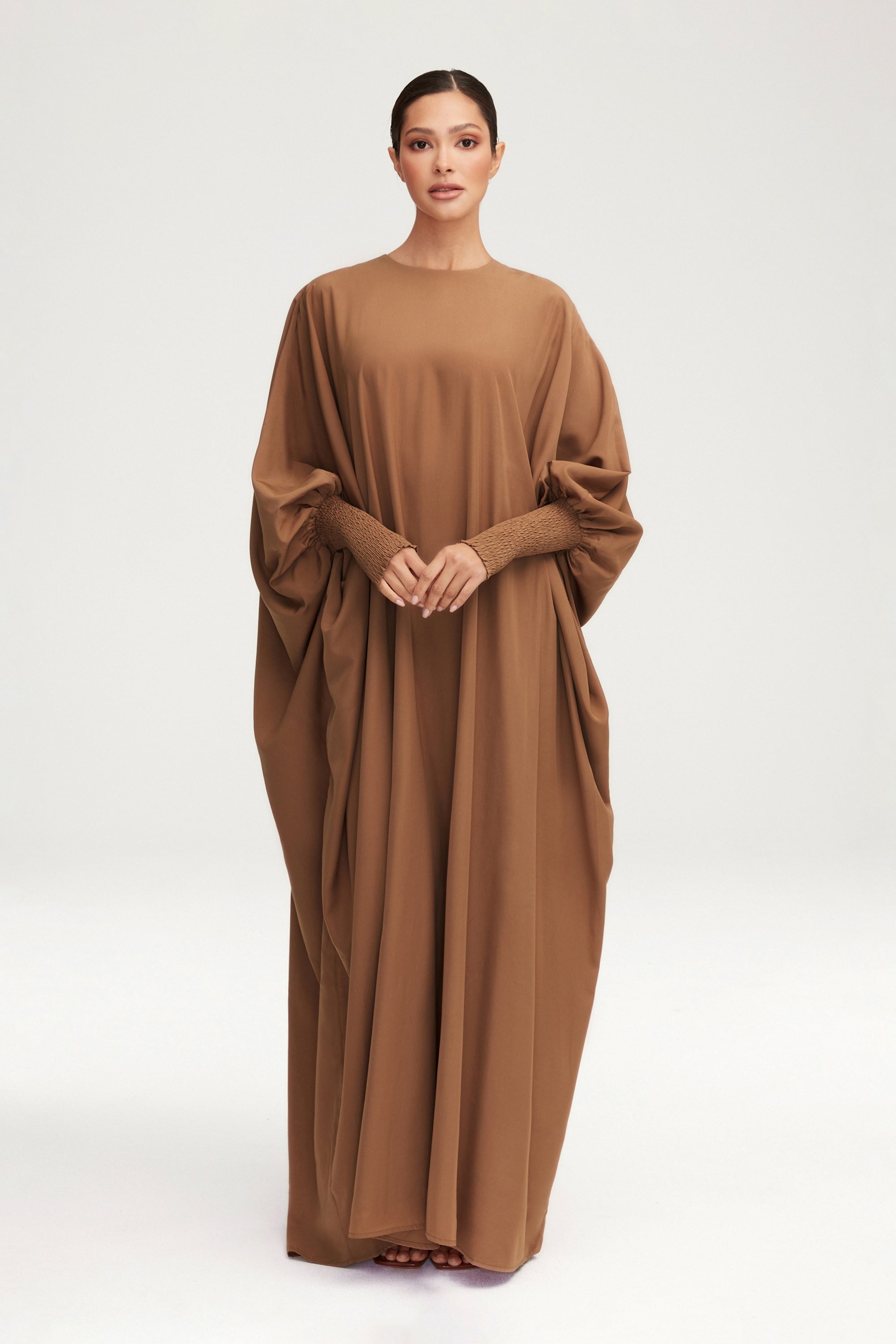 Suha Smocked Sleeve Kaftan - Dark Chai Clothing Veiled 