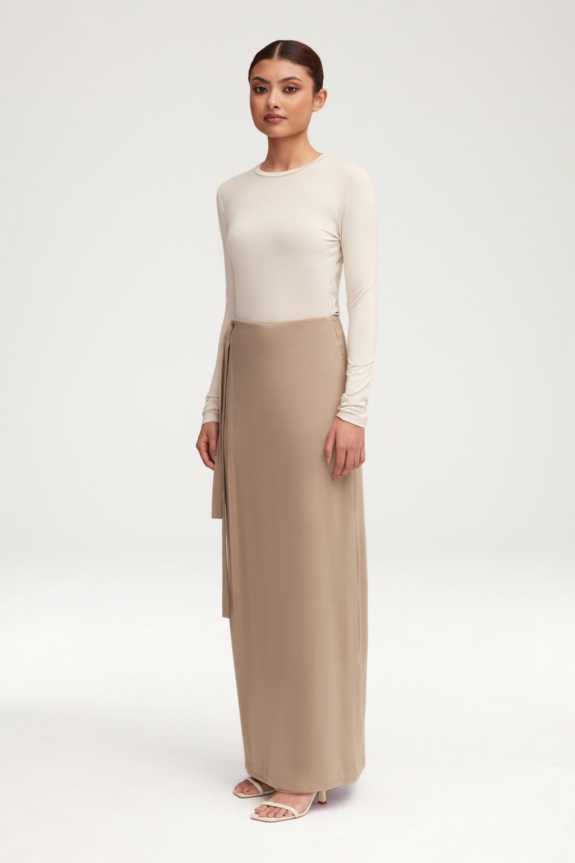 Talia Jersey Wrap Maxi Skirt - Taupe Clothing Veiled 
