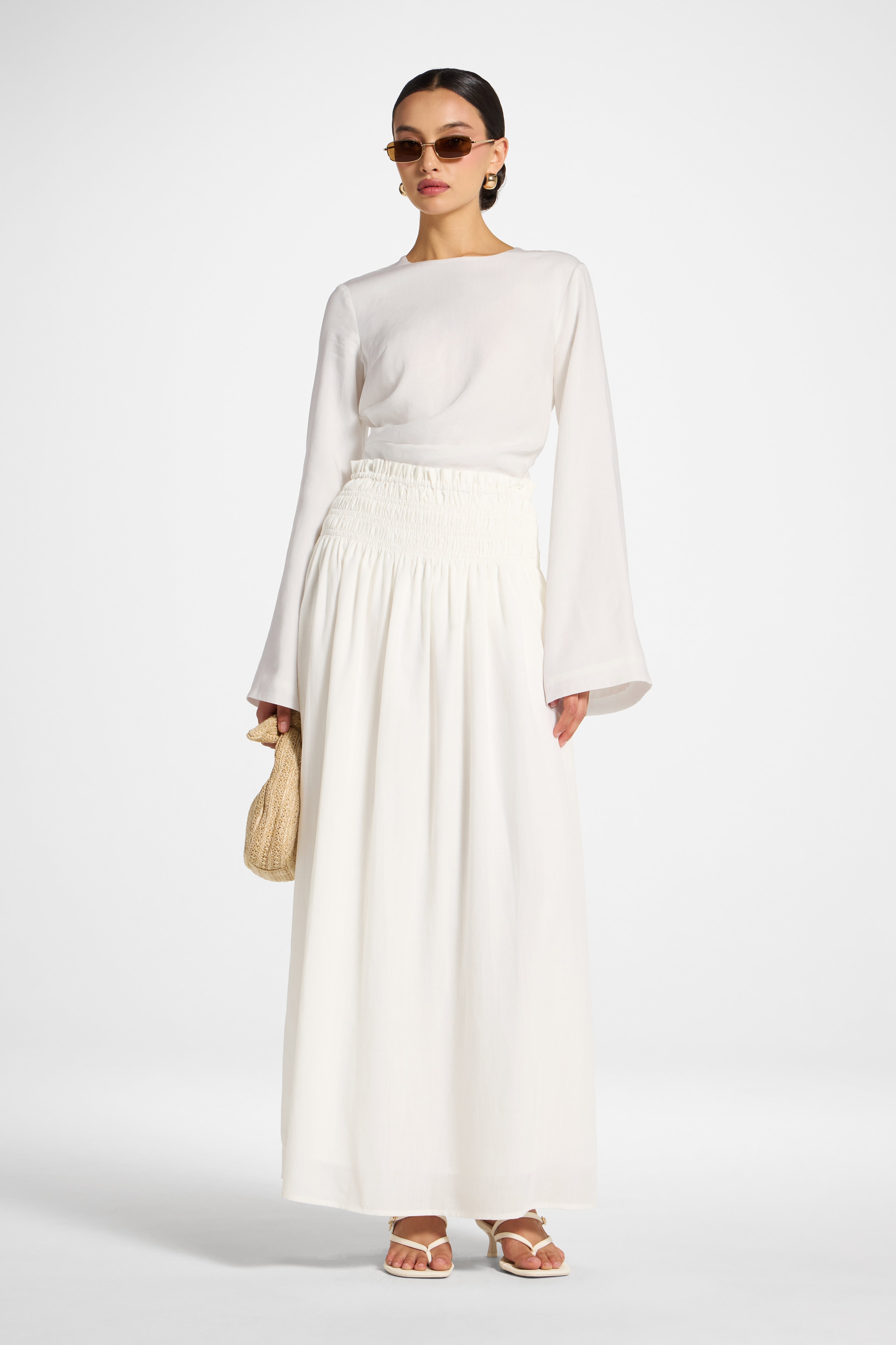 Tencel Smocked Skirt - White Abayas Veiled