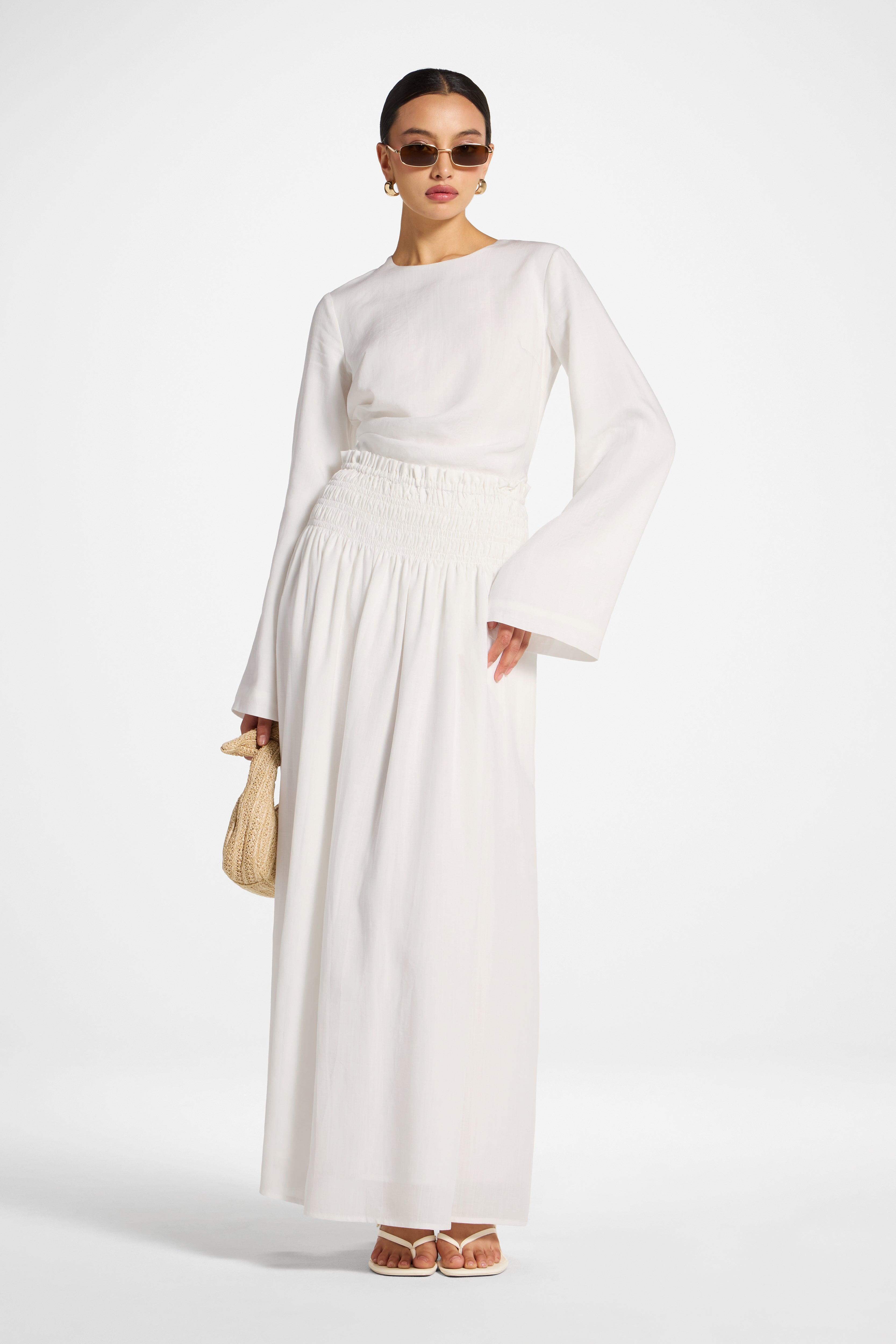 Tencel Smocked Skirt - White Abayas Veiled