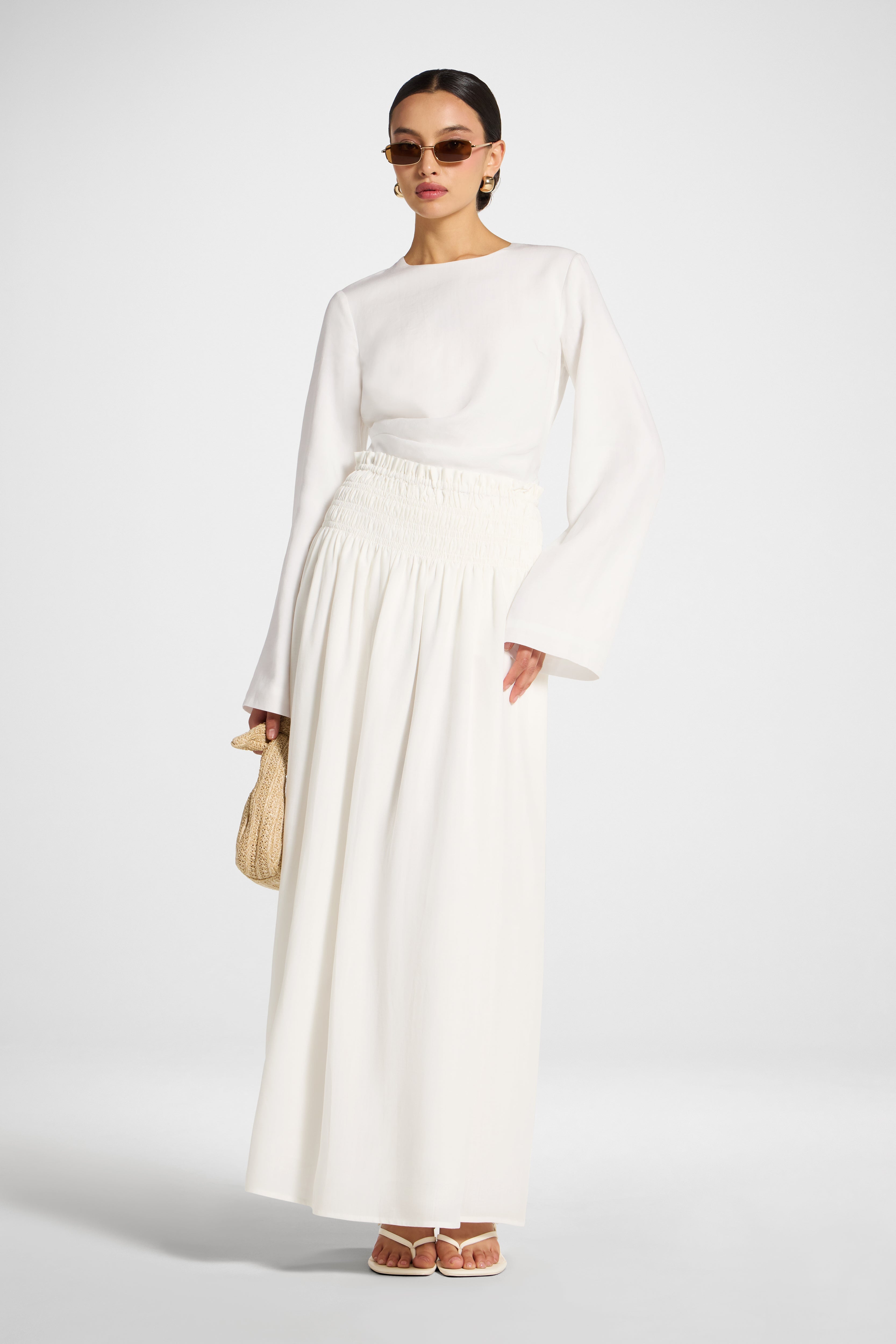 Tencel Smocked Skirt - White Abayas Veiled