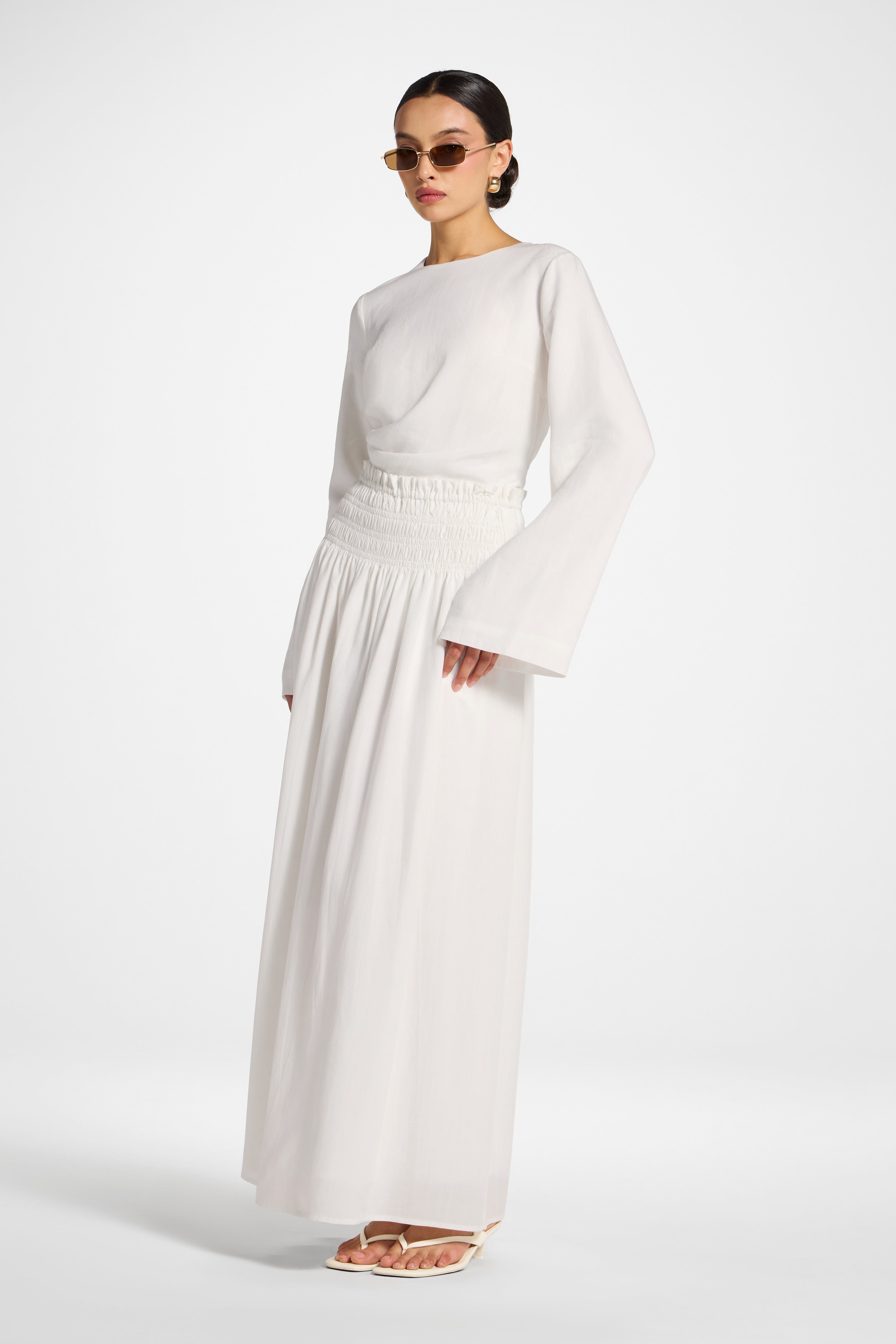 Tencel Smocked Skirt - White Abayas Veiled