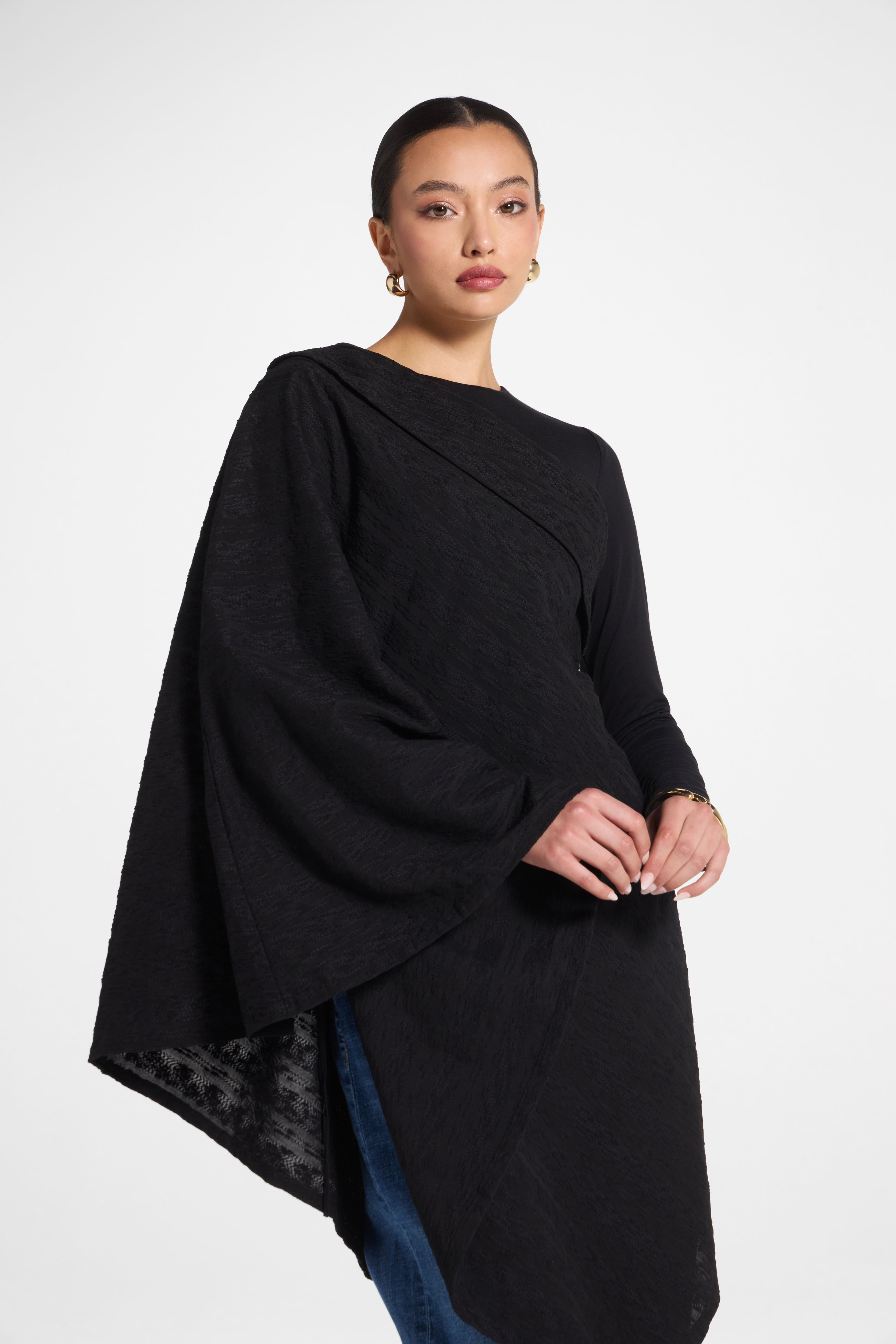 Textured Asymmetric Overlay Top Abayas Veiled