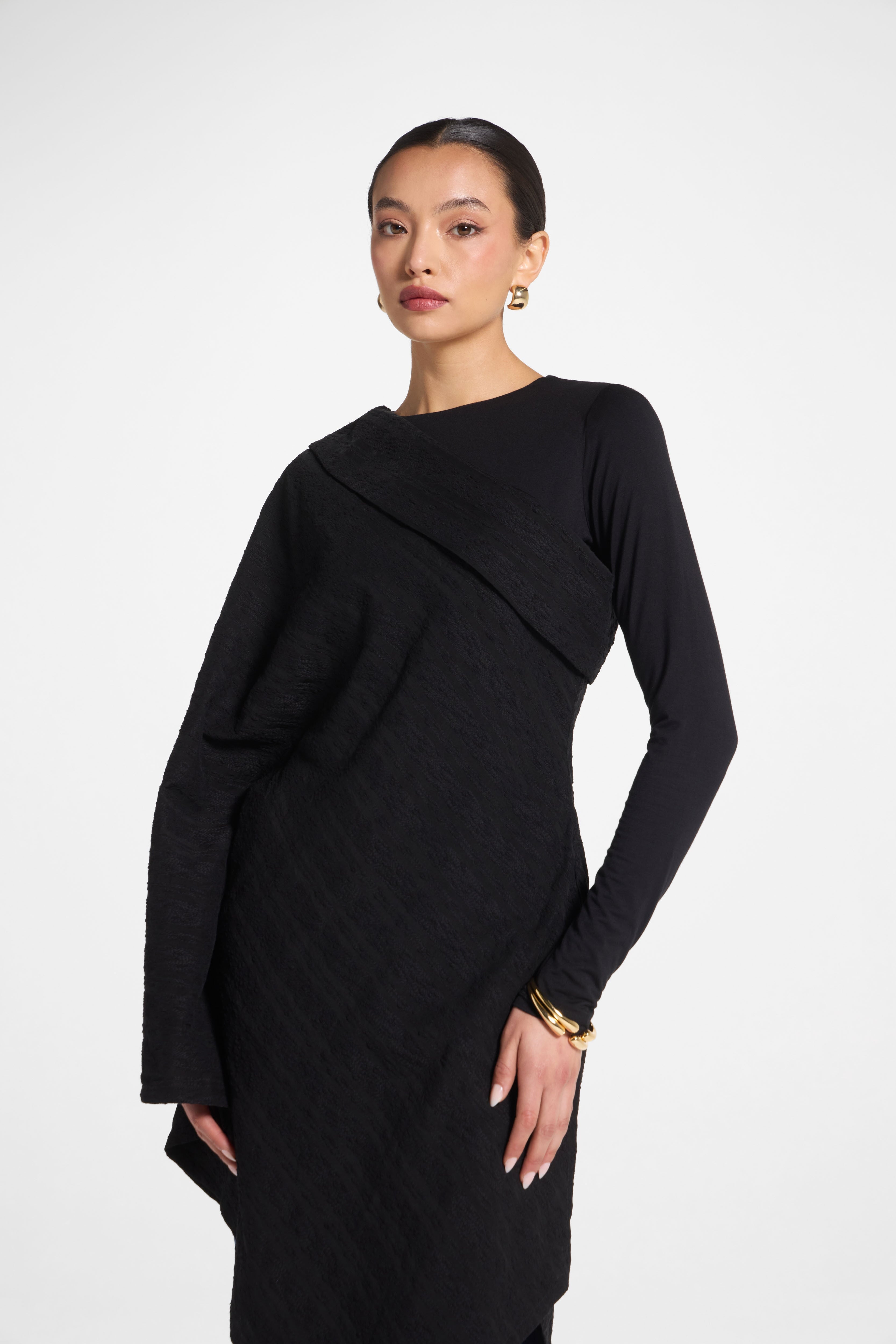 Textured Asymmetric Overlay Top Abayas Veiled