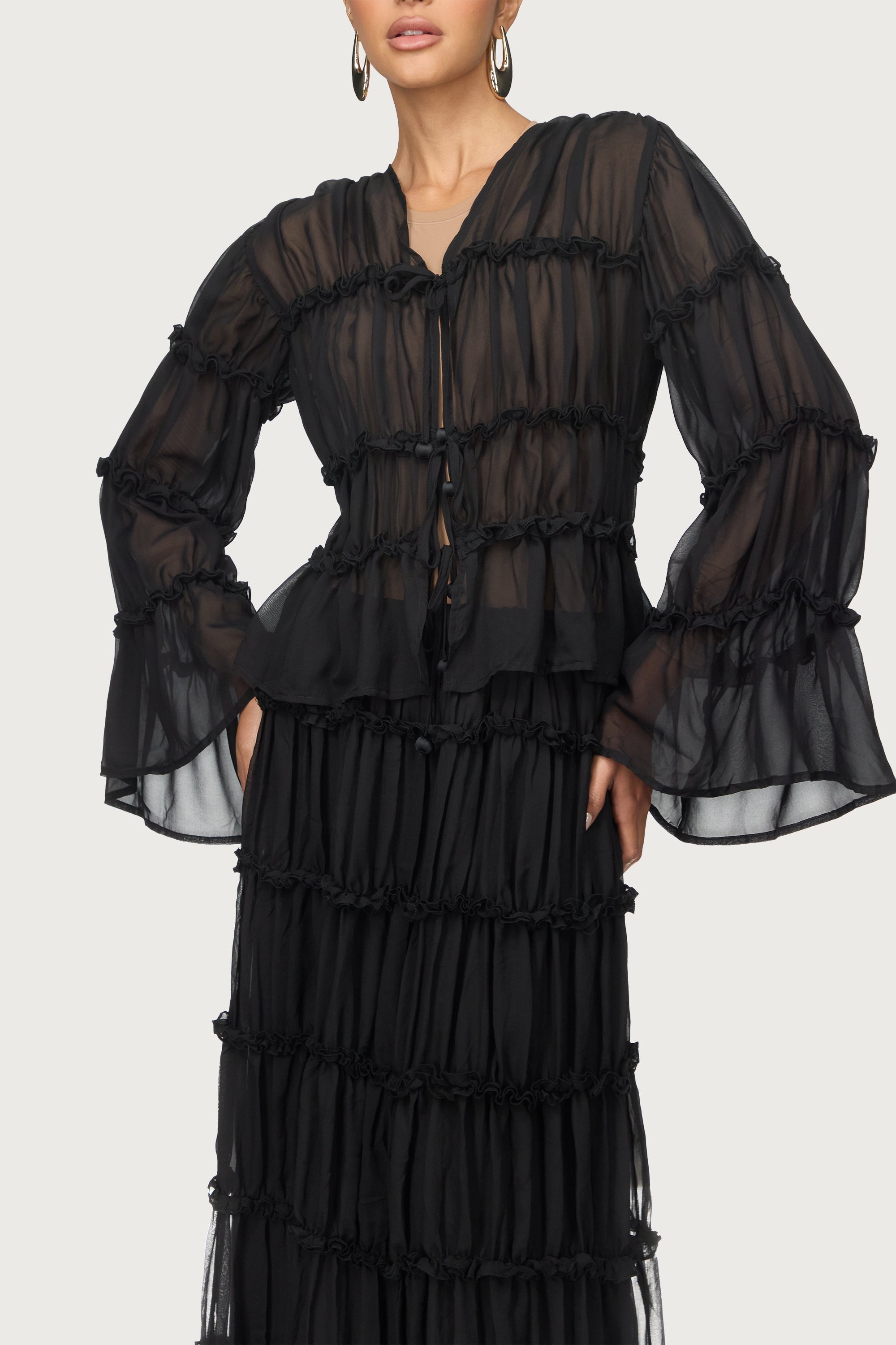 Tie Front Tiered Top - Black Abayas Veiled