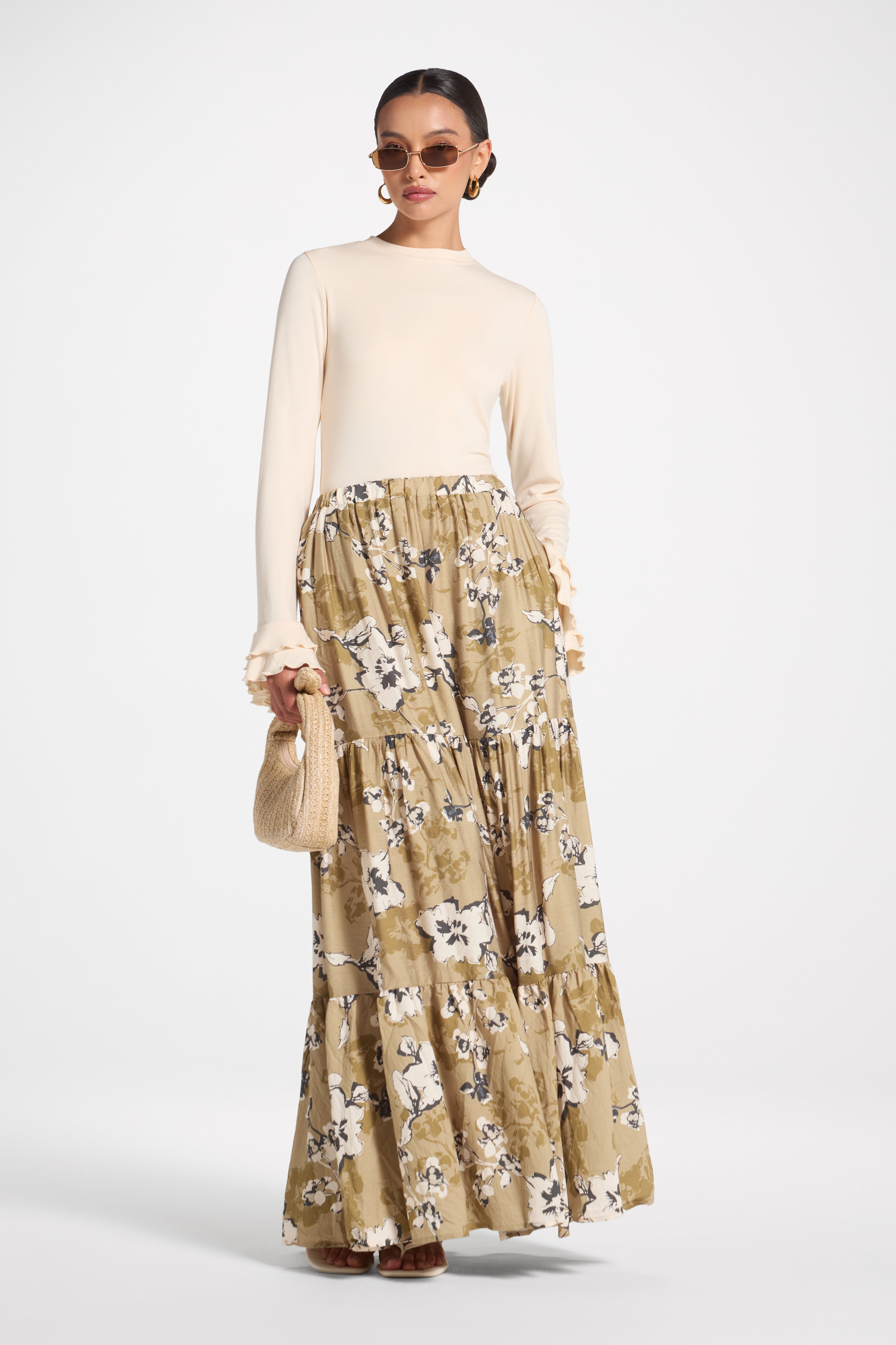 Tiered Floral Skirt - Green Veiled
