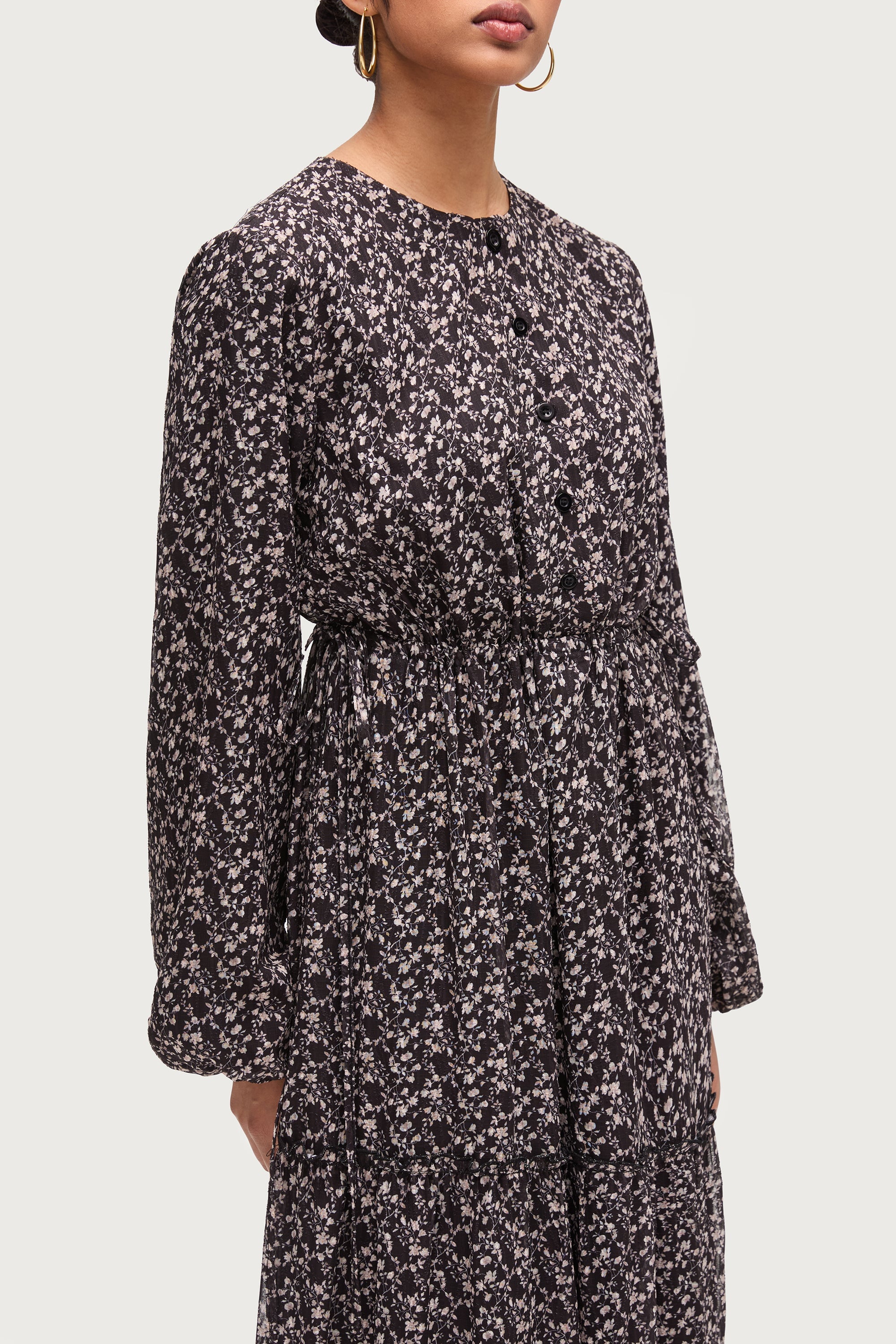 Tiered Flowy Button Down Maxi Dress - Black Floral Dresses Veiled