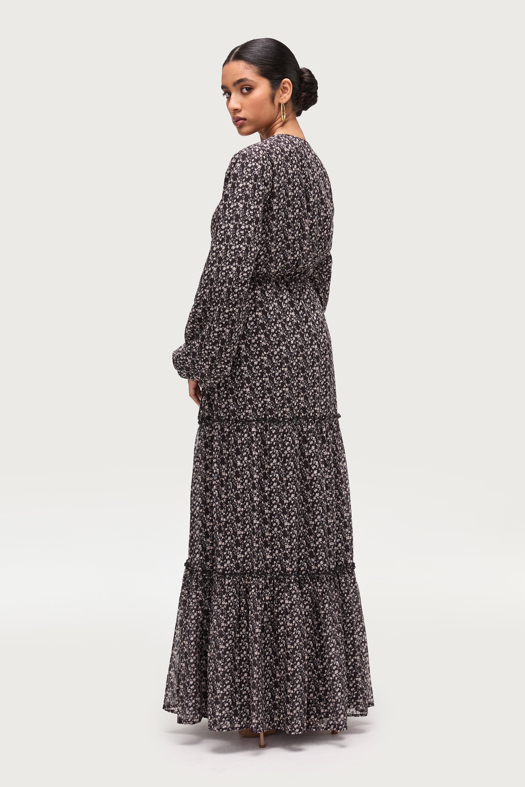 Tiered Flowy Button Down Maxi Dress - Black Floral Dresses Veiled