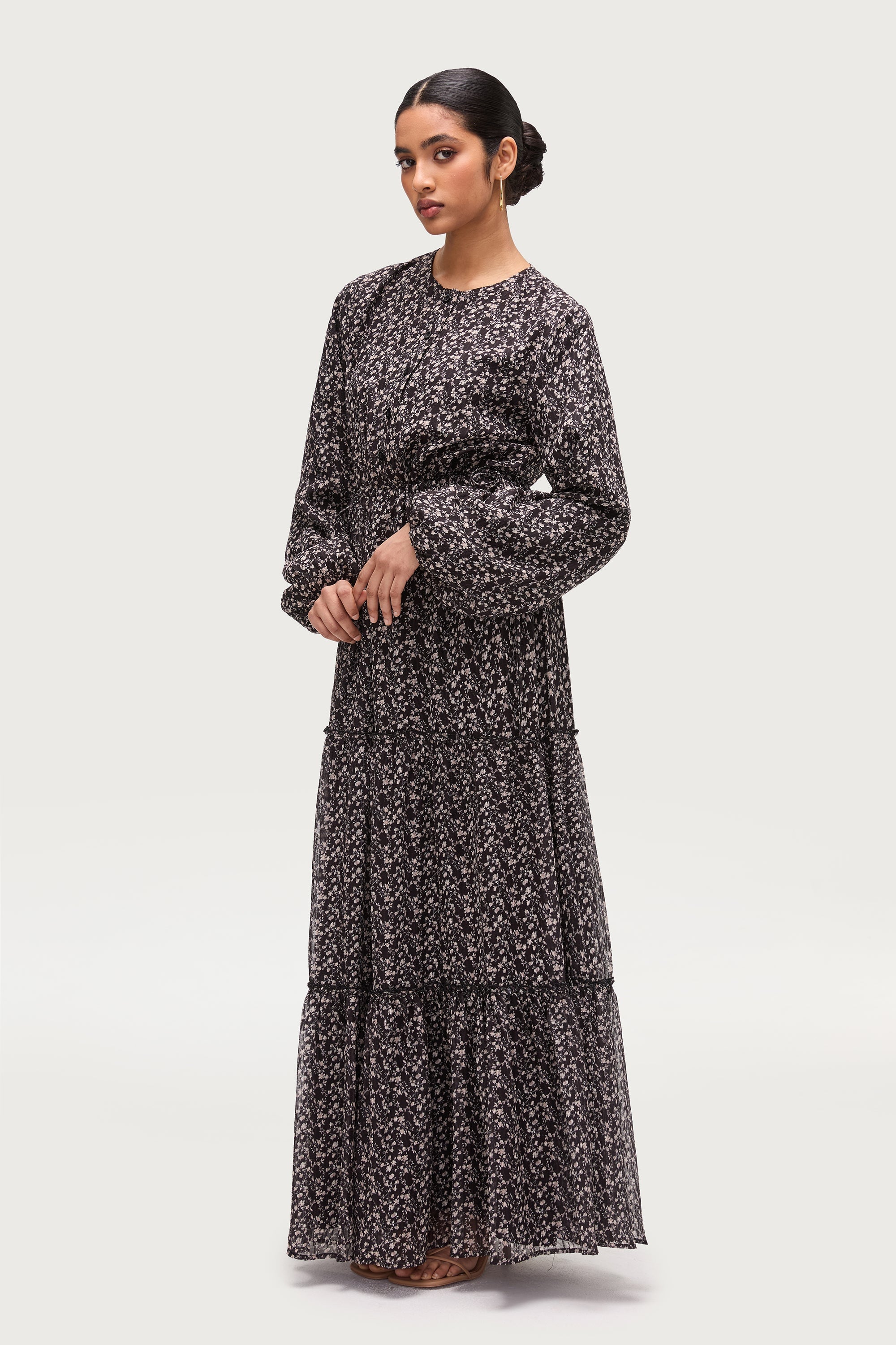Tiered Flowy Button Down Maxi Dress - Black Floral Dresses Veiled