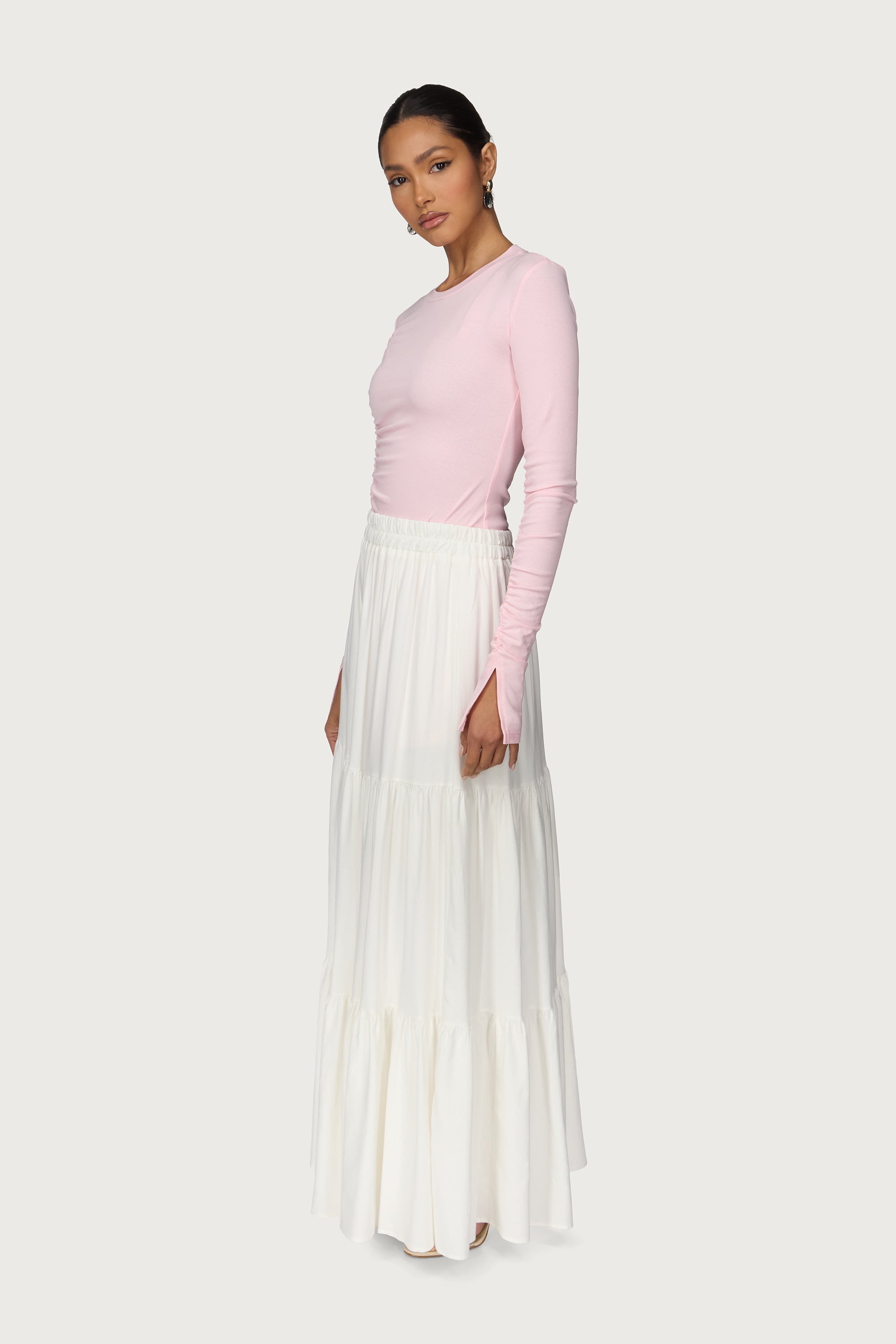 Tiered Linen Maxi Skirt - White Abayas Veiled
