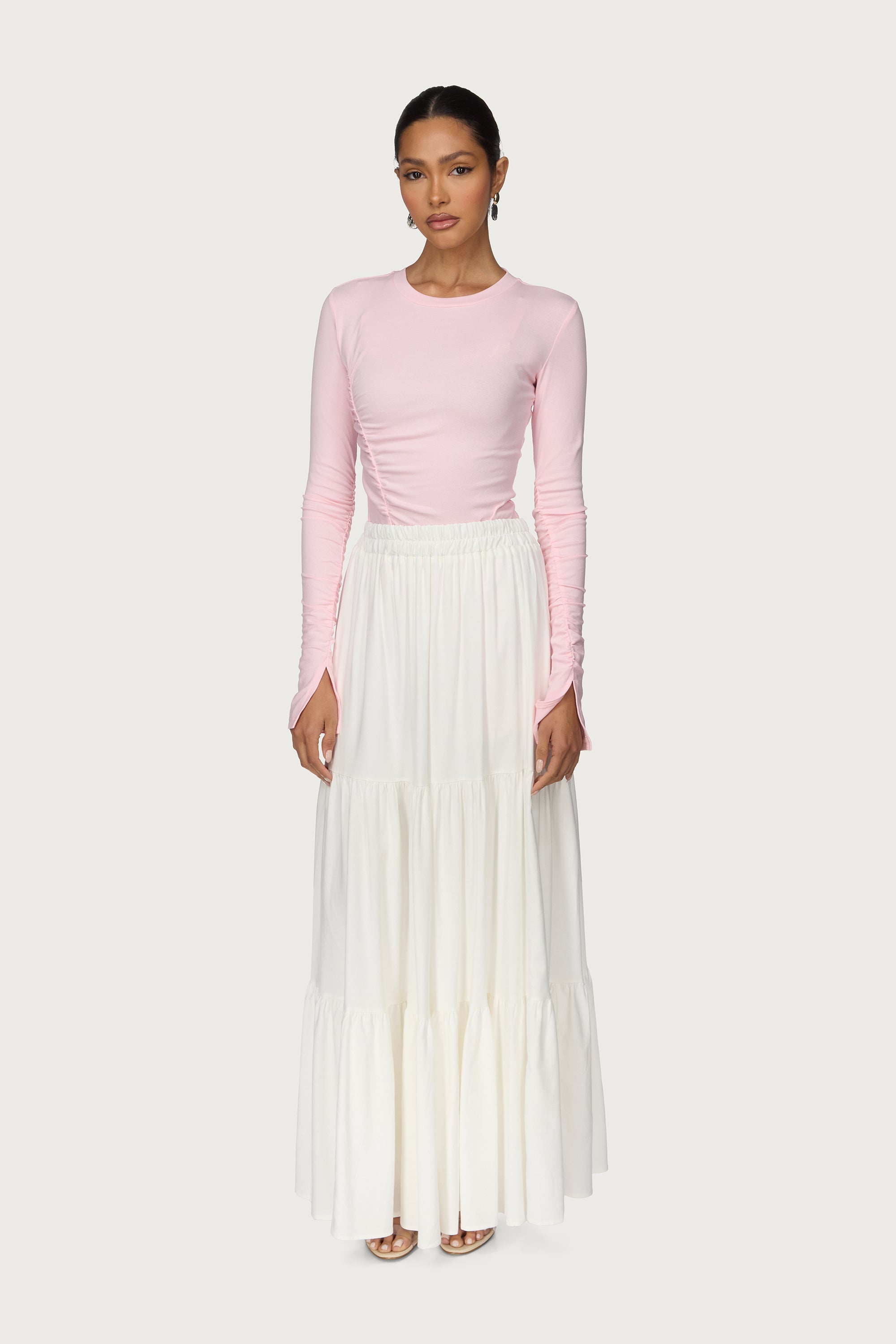 Tiered Linen Maxi Skirt - White Abayas Veiled