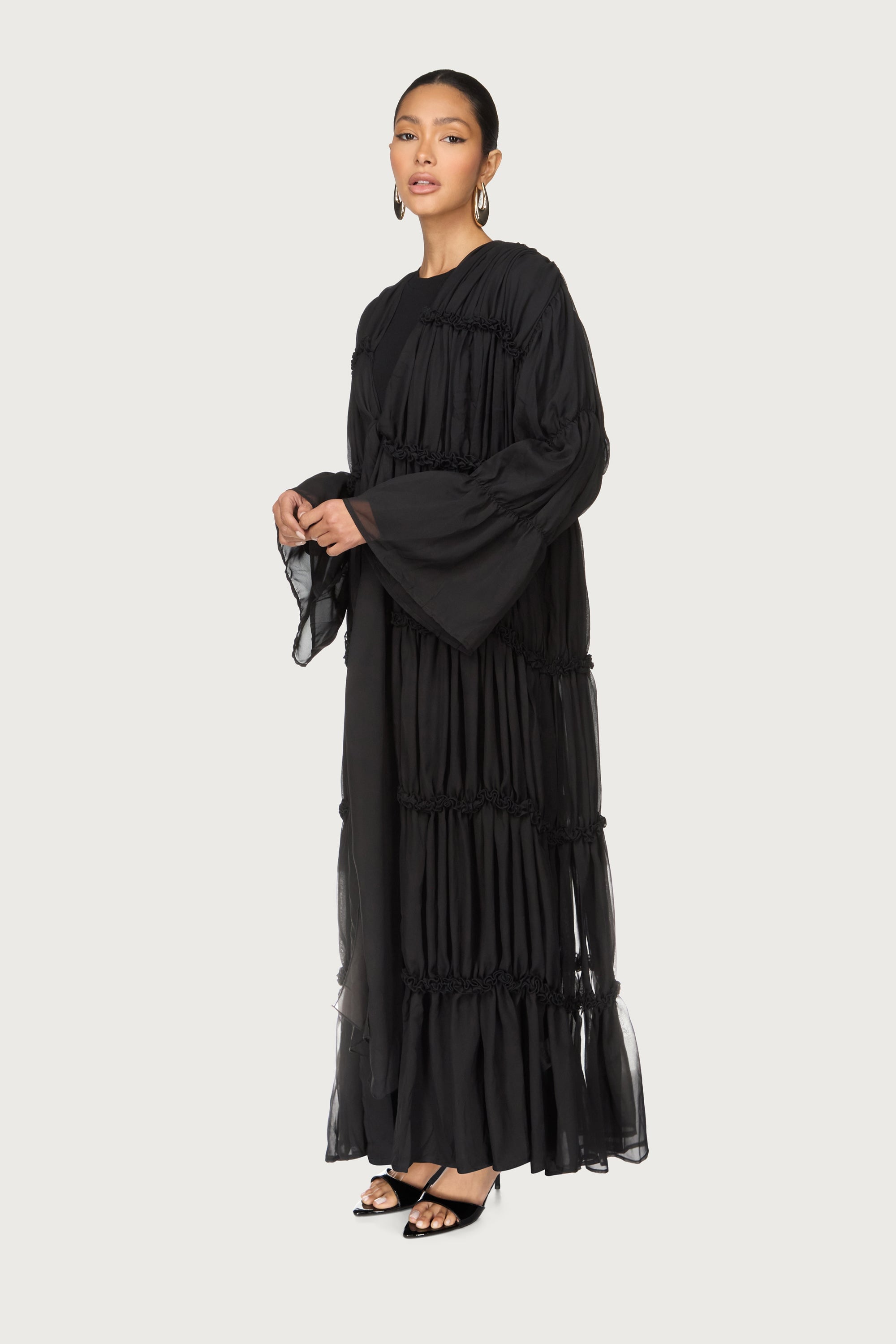 Tiered Open Abaya - Black Abayas Veiled