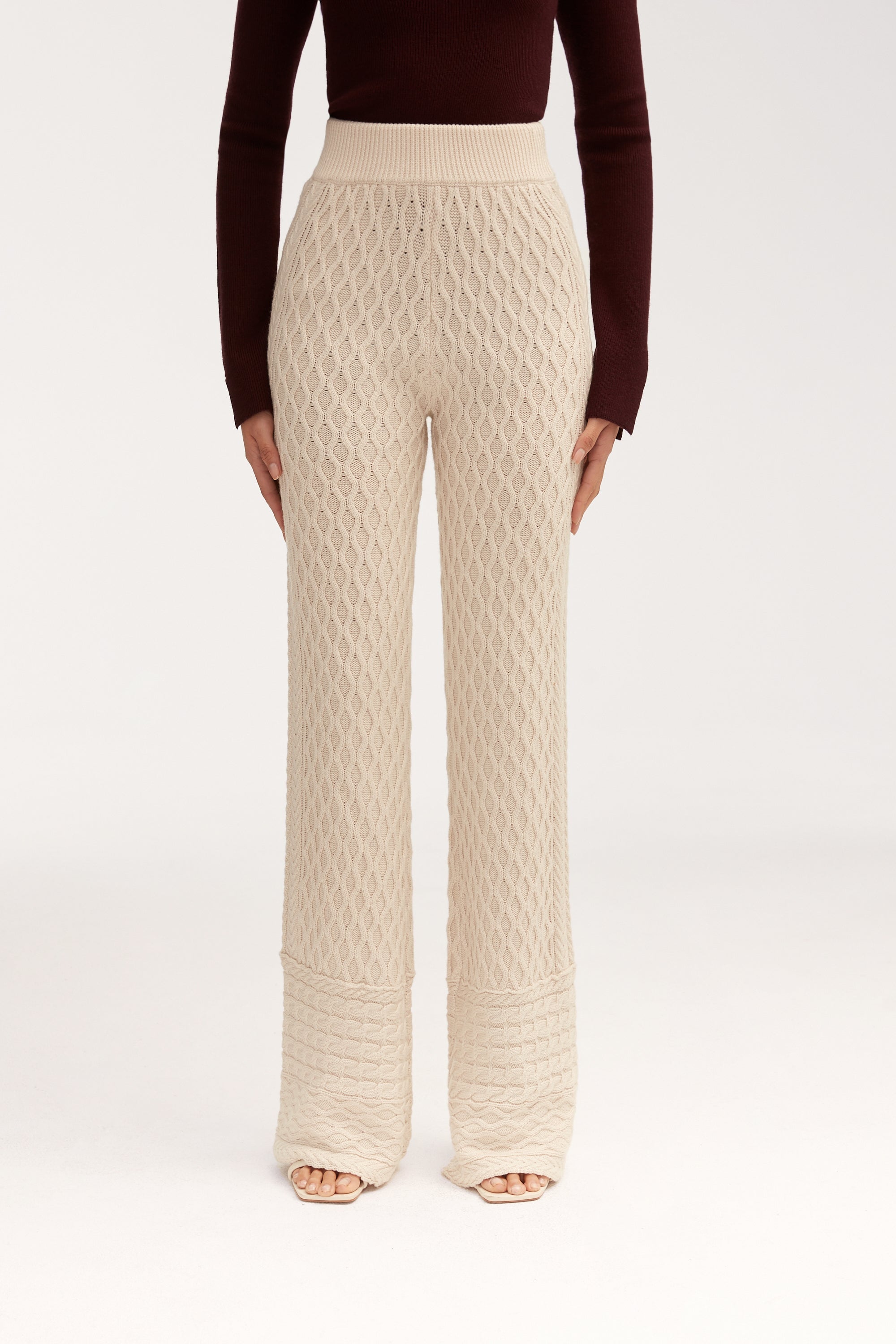 Vanessa Diamond Knit Wide Leg Pants - Off White Bottoms Veiled