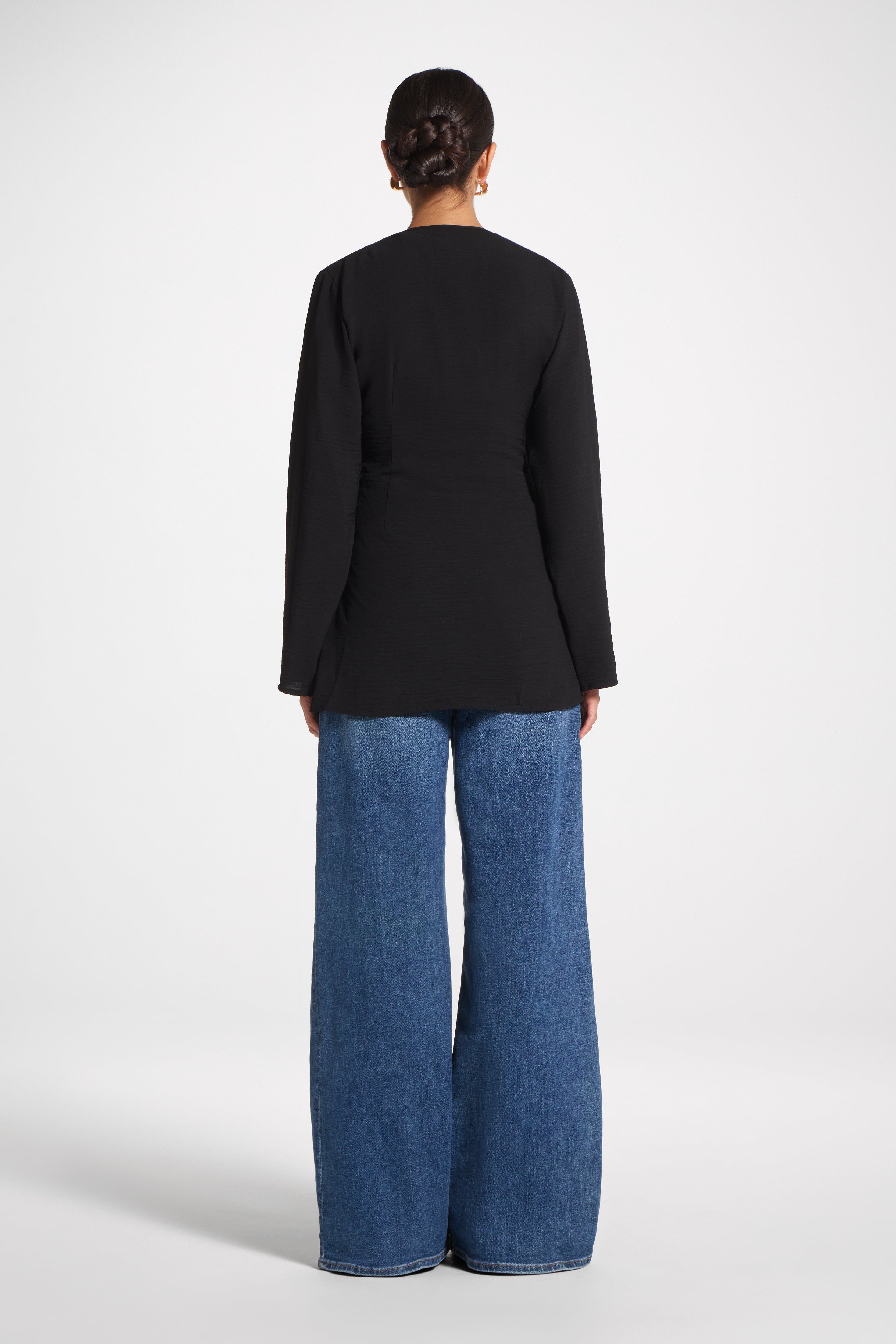 Wrinkle Tie Front Top - Black Veiled