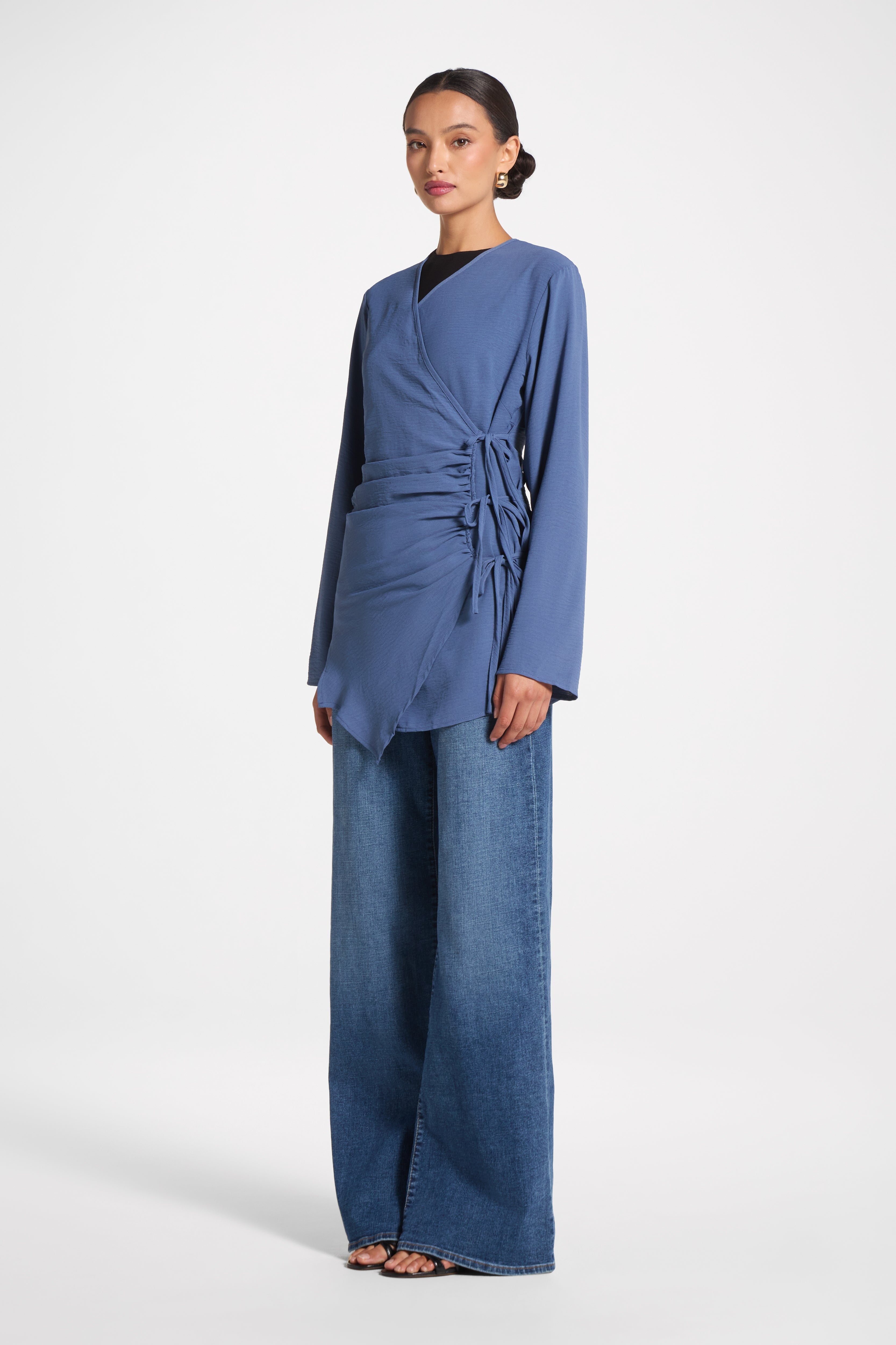 Wrinkle Tie Front Top - Denim Veiled
