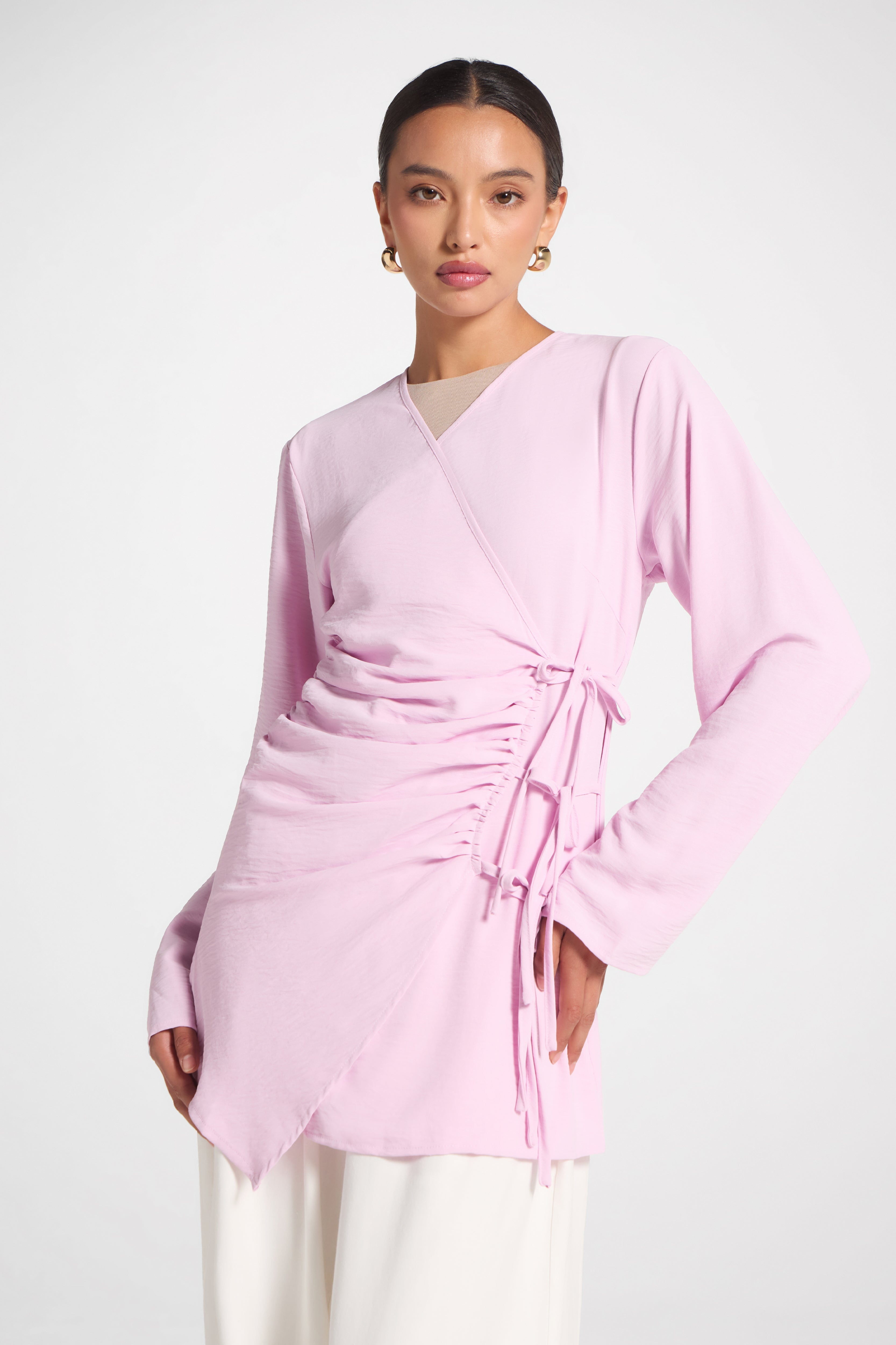 Wrinkle Tie Front Top - Pink Veiled
