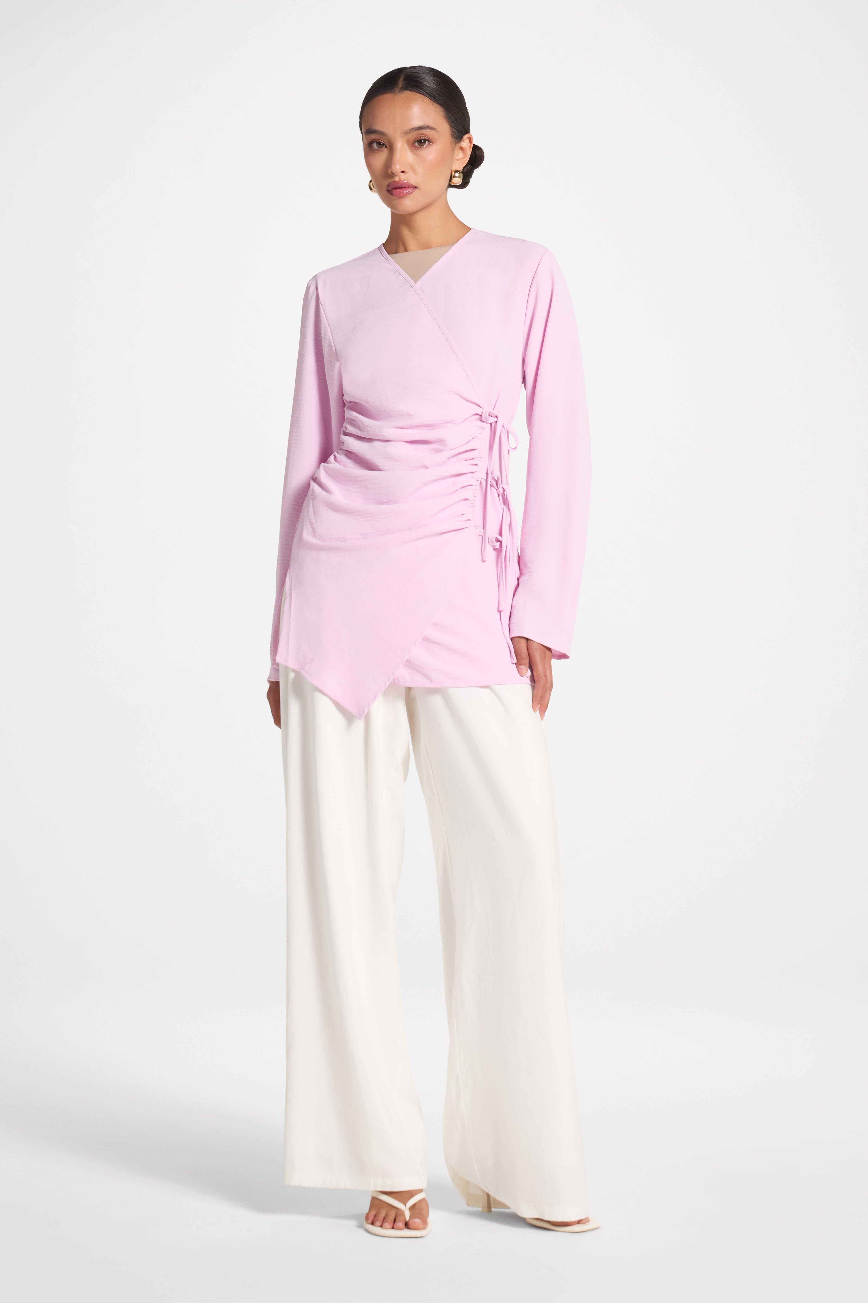 Wrinkle Tie Front Top - Pink Veiled