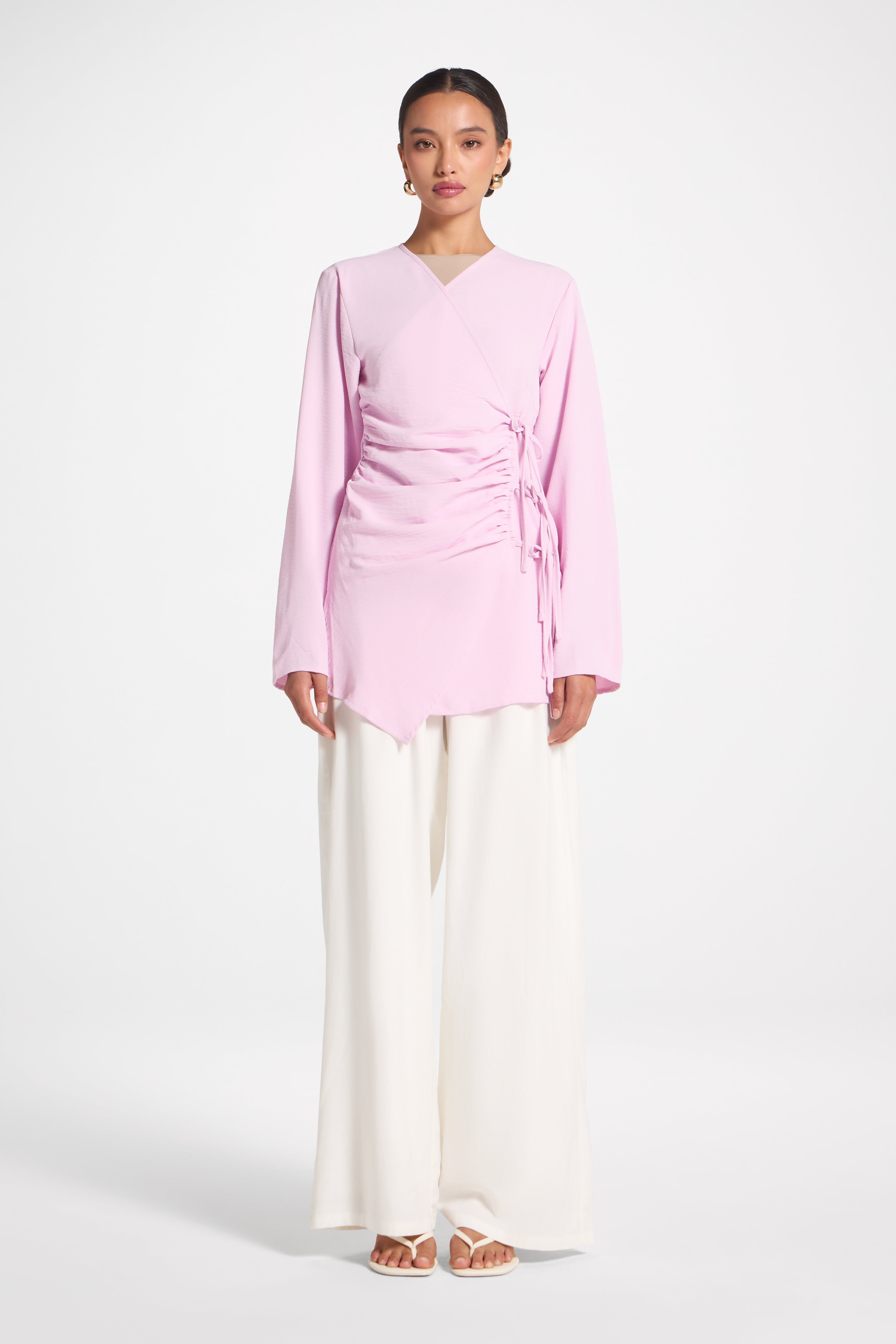 Wrinkle Tie Front Top - Pink Veiled