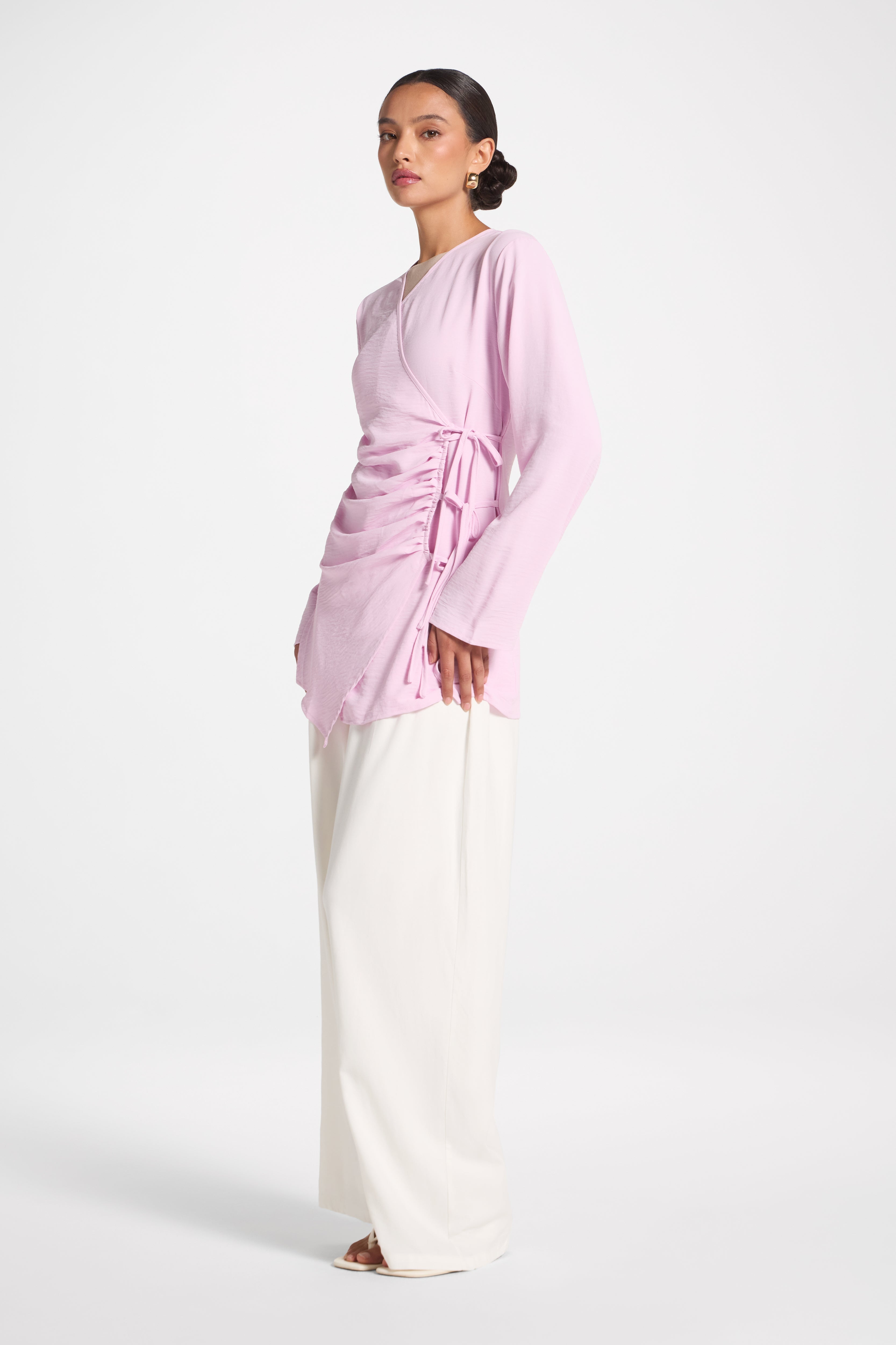 Wrinkle Tie Front Top - Pink Veiled