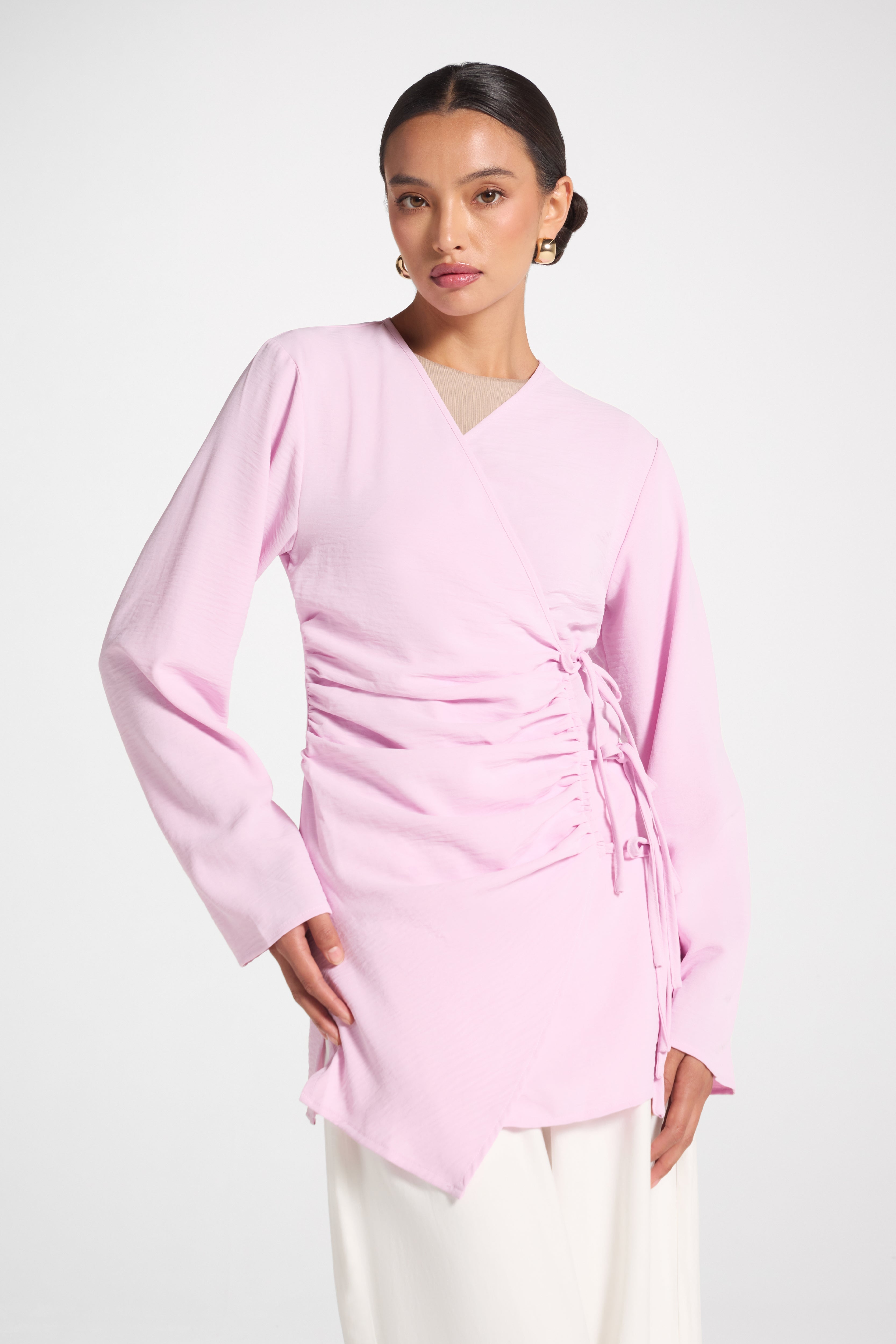 Wrinkle Tie Front Top - Pink Veiled