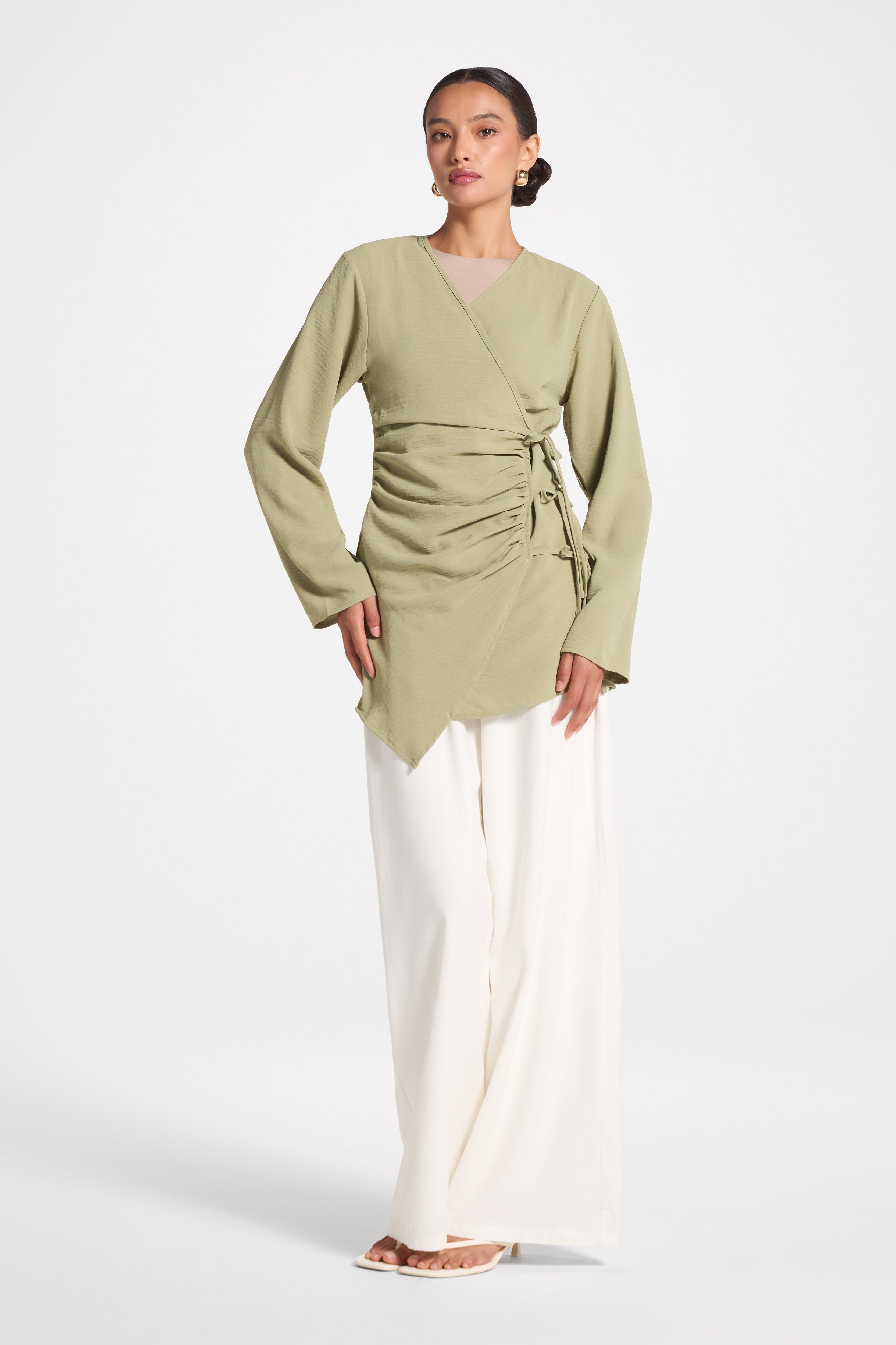 Wrinkle Tie Front Top - Sage Veiled
