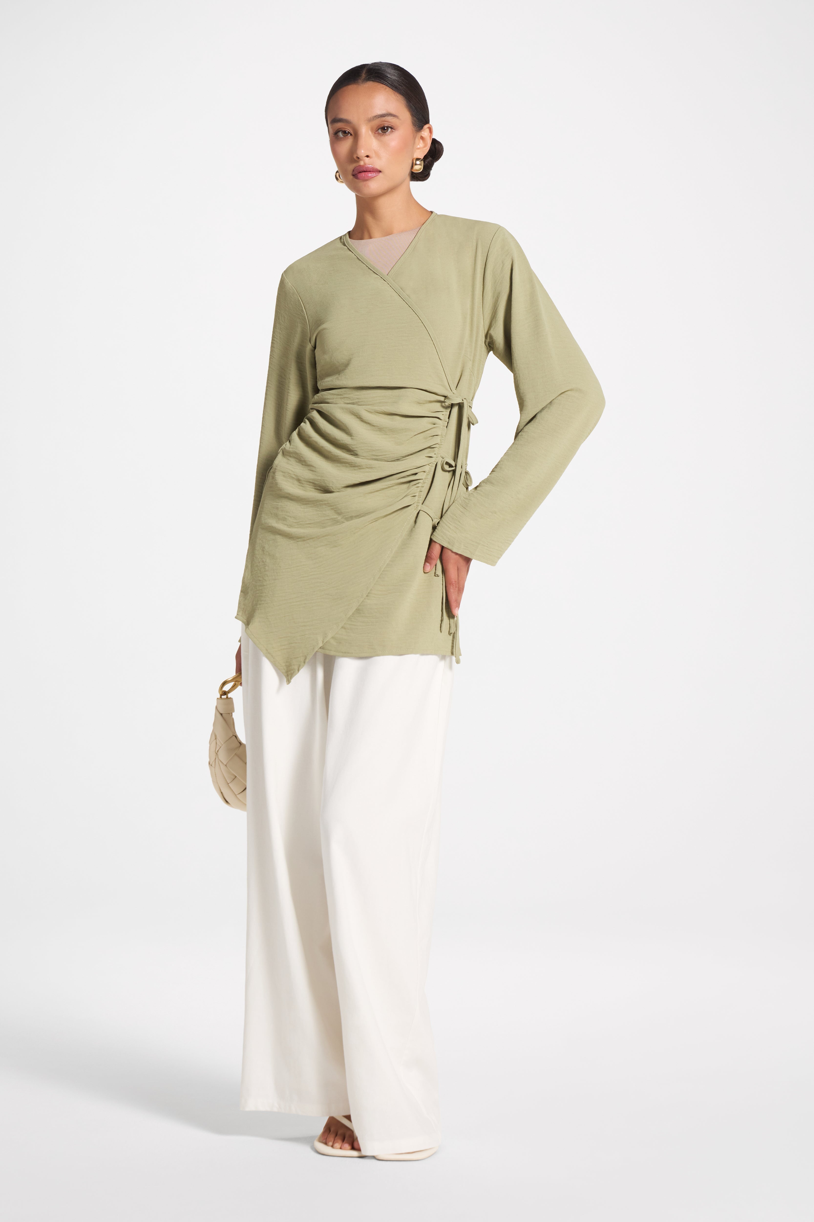 Wrinkle Tie Front Top - Sage Veiled