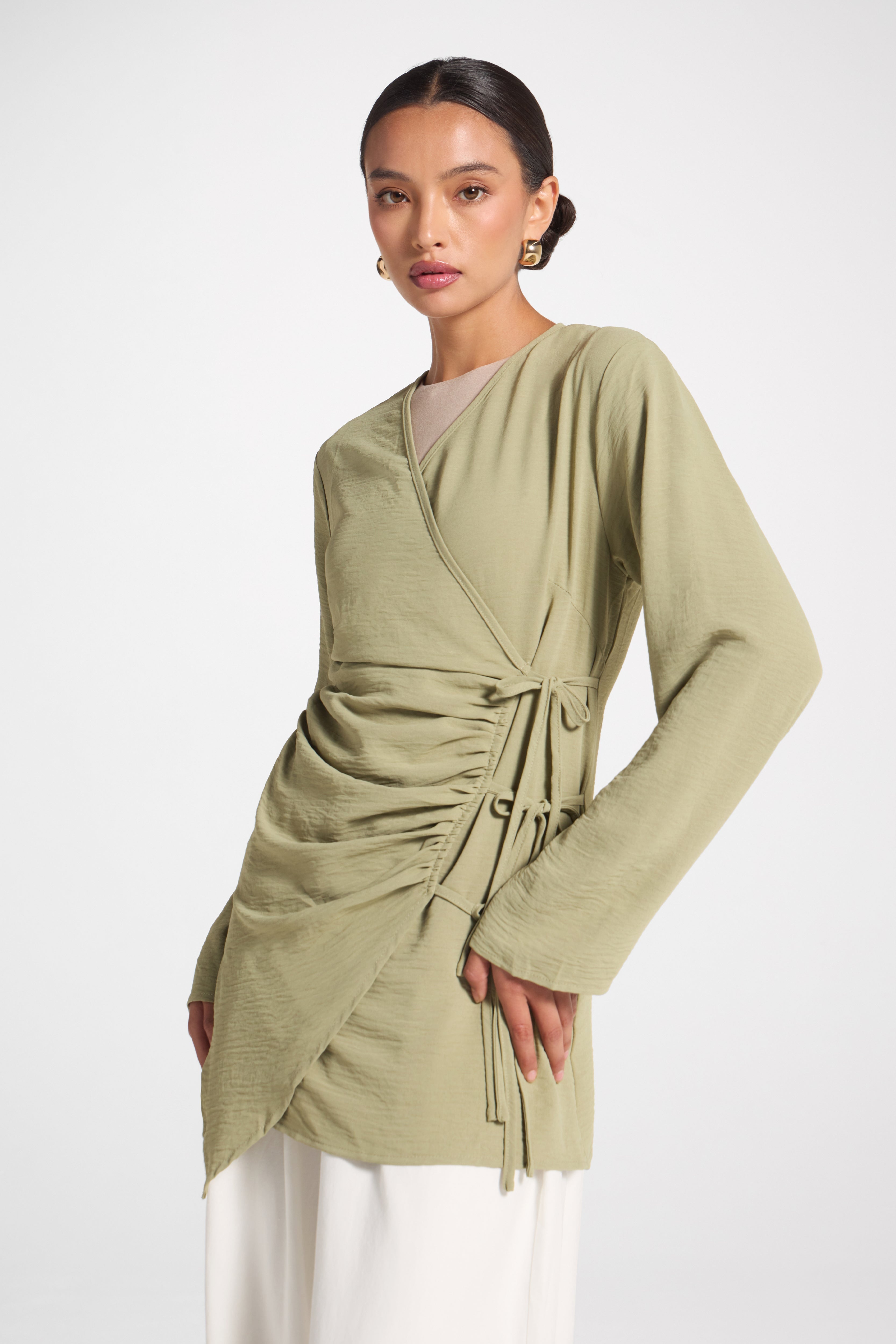Wrinkle Tie Front Top - Sage Veiled