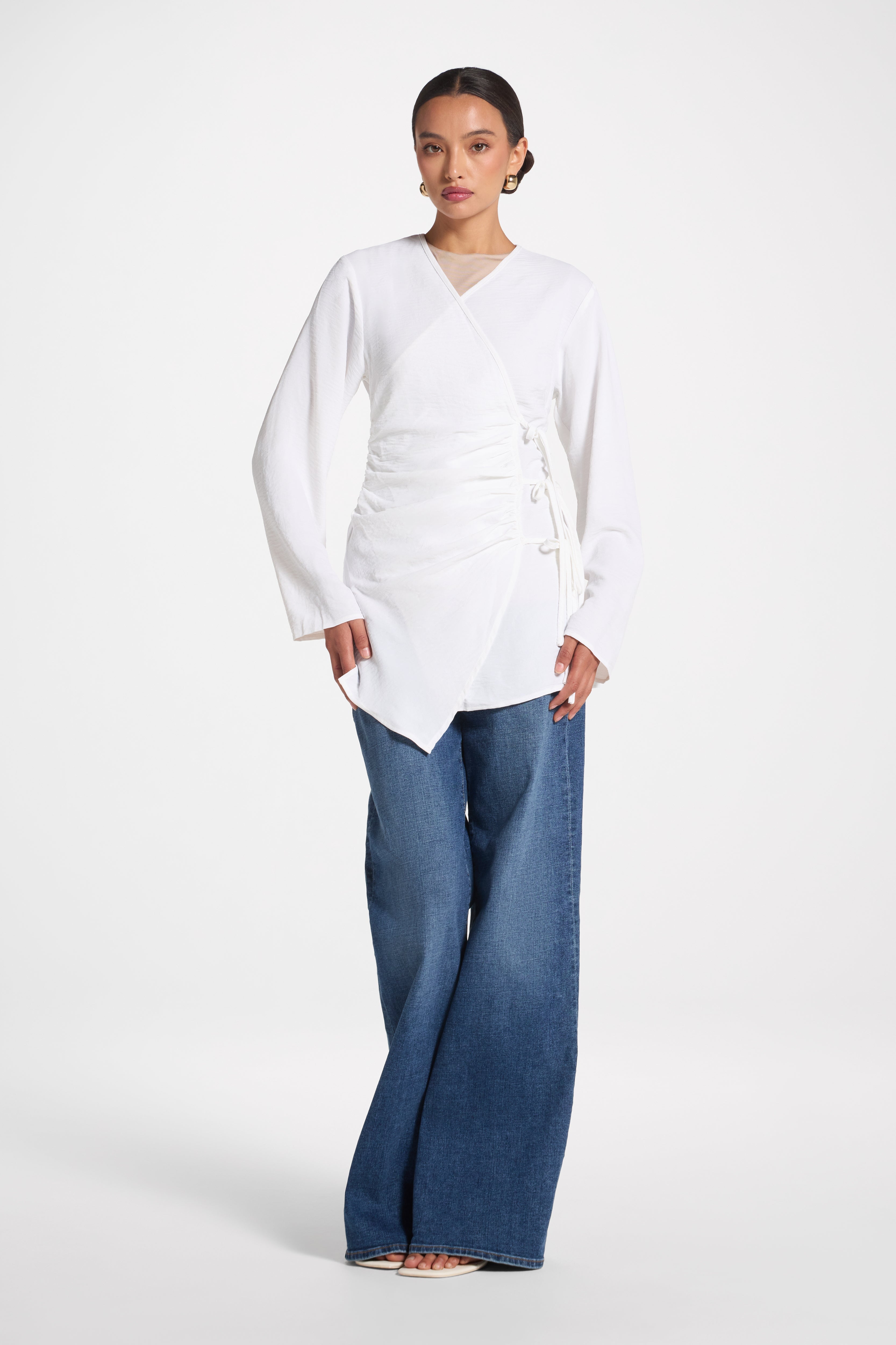 Wrinkle Tie Front Top - White Veiled