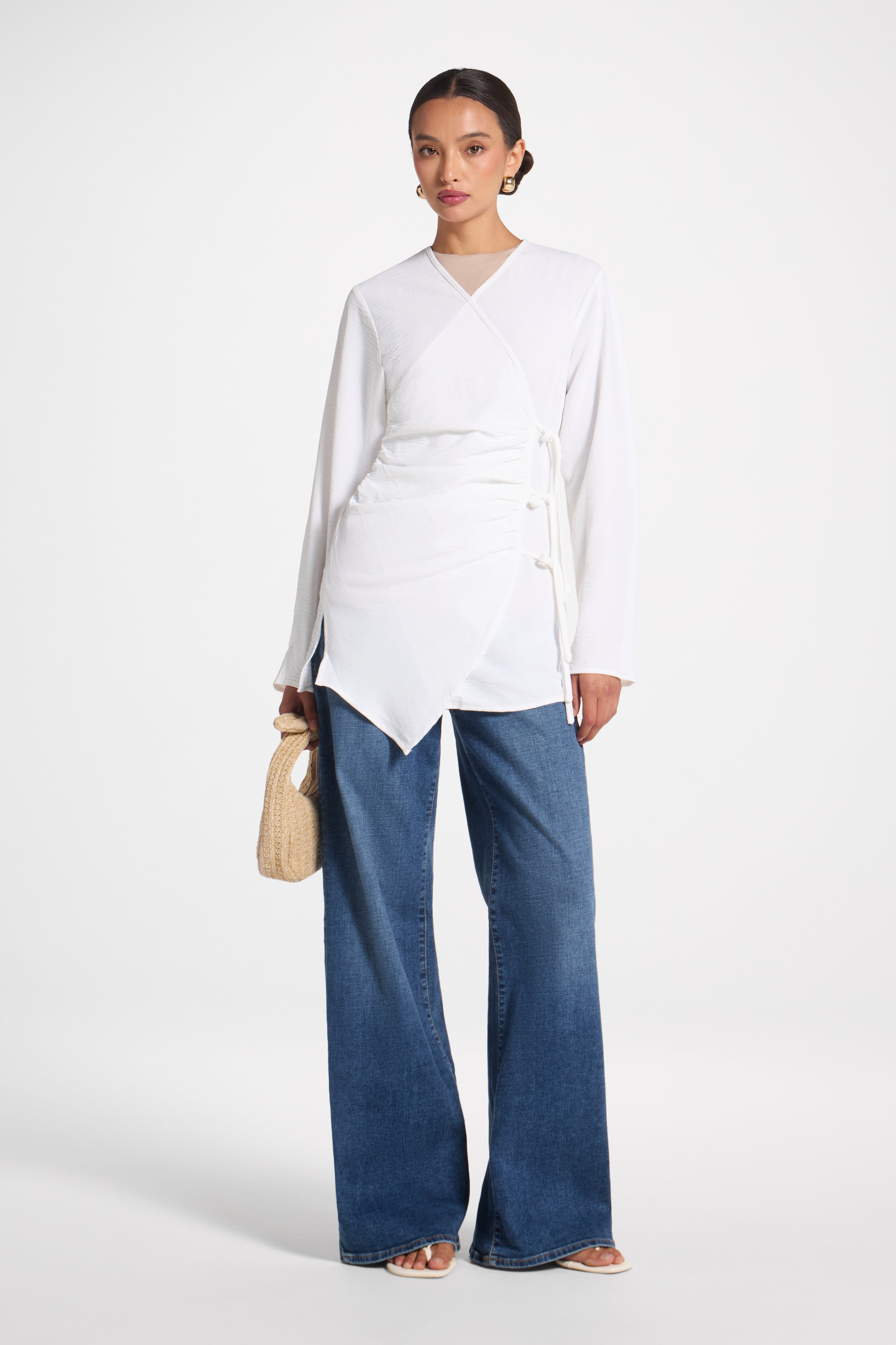 Wrinkle Tie Front Top - White Veiled
