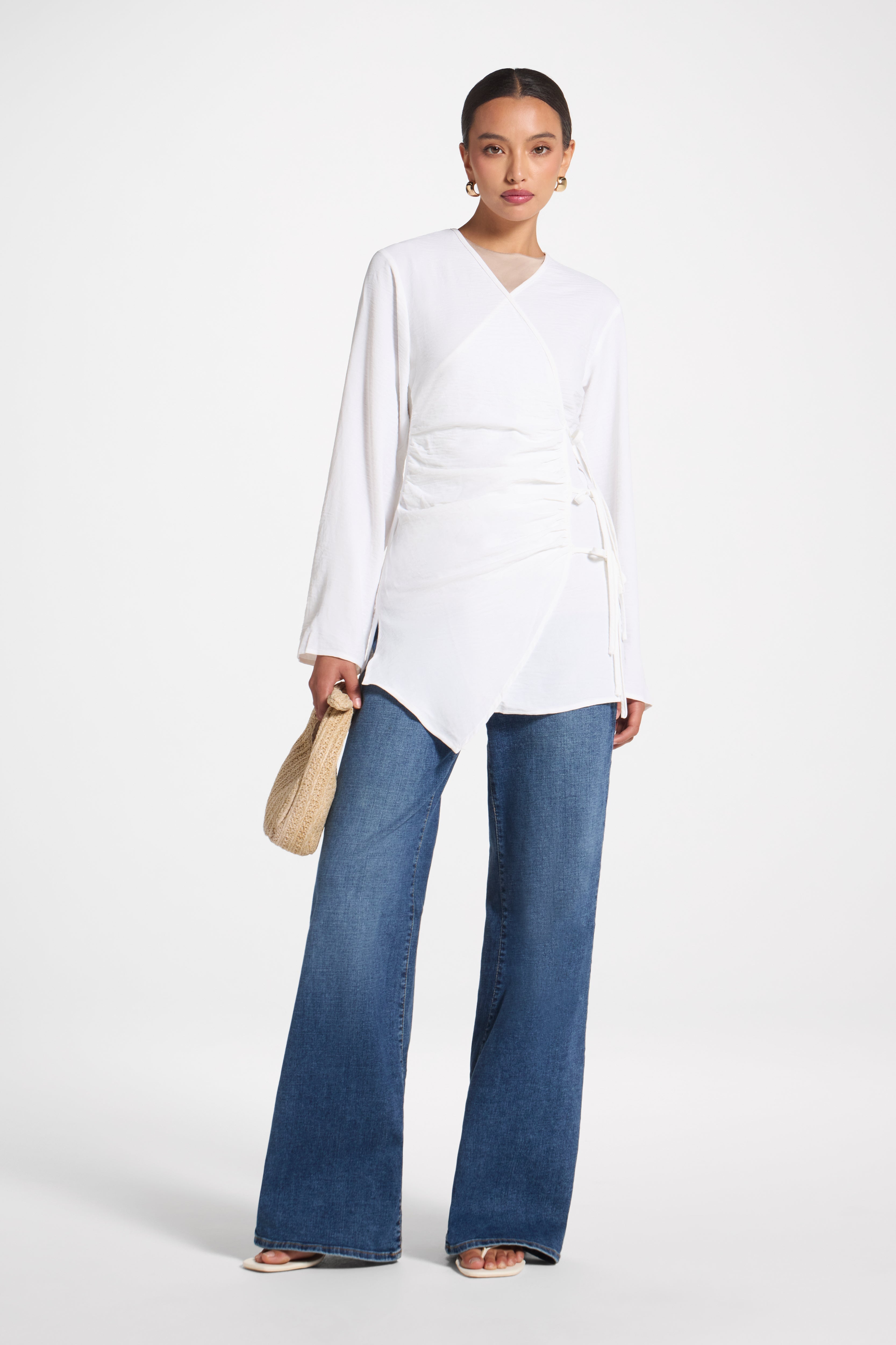 Wrinkle Tie Front Top - White Veiled