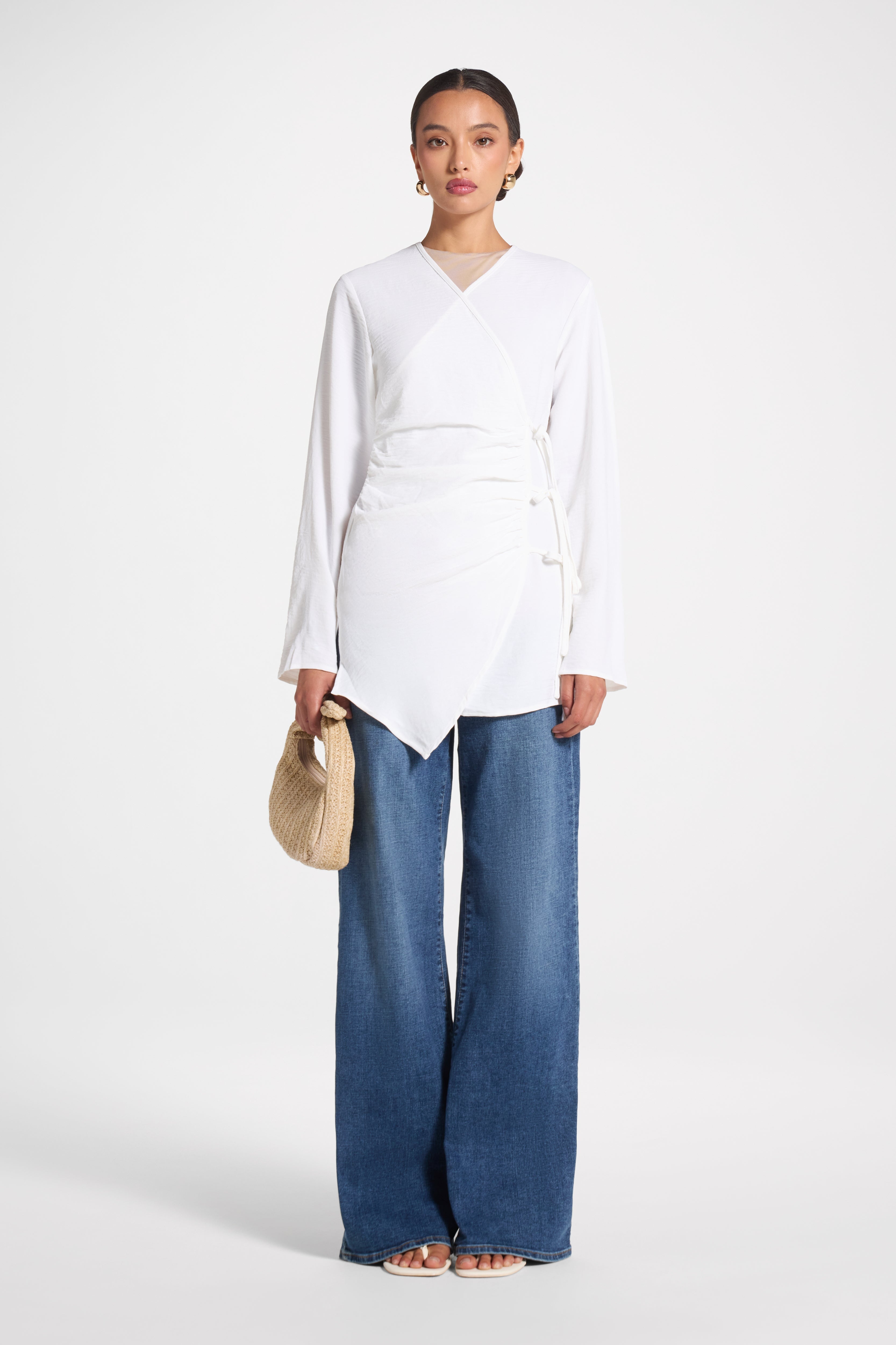 Wrinkle Tie Front Top - White Veiled
