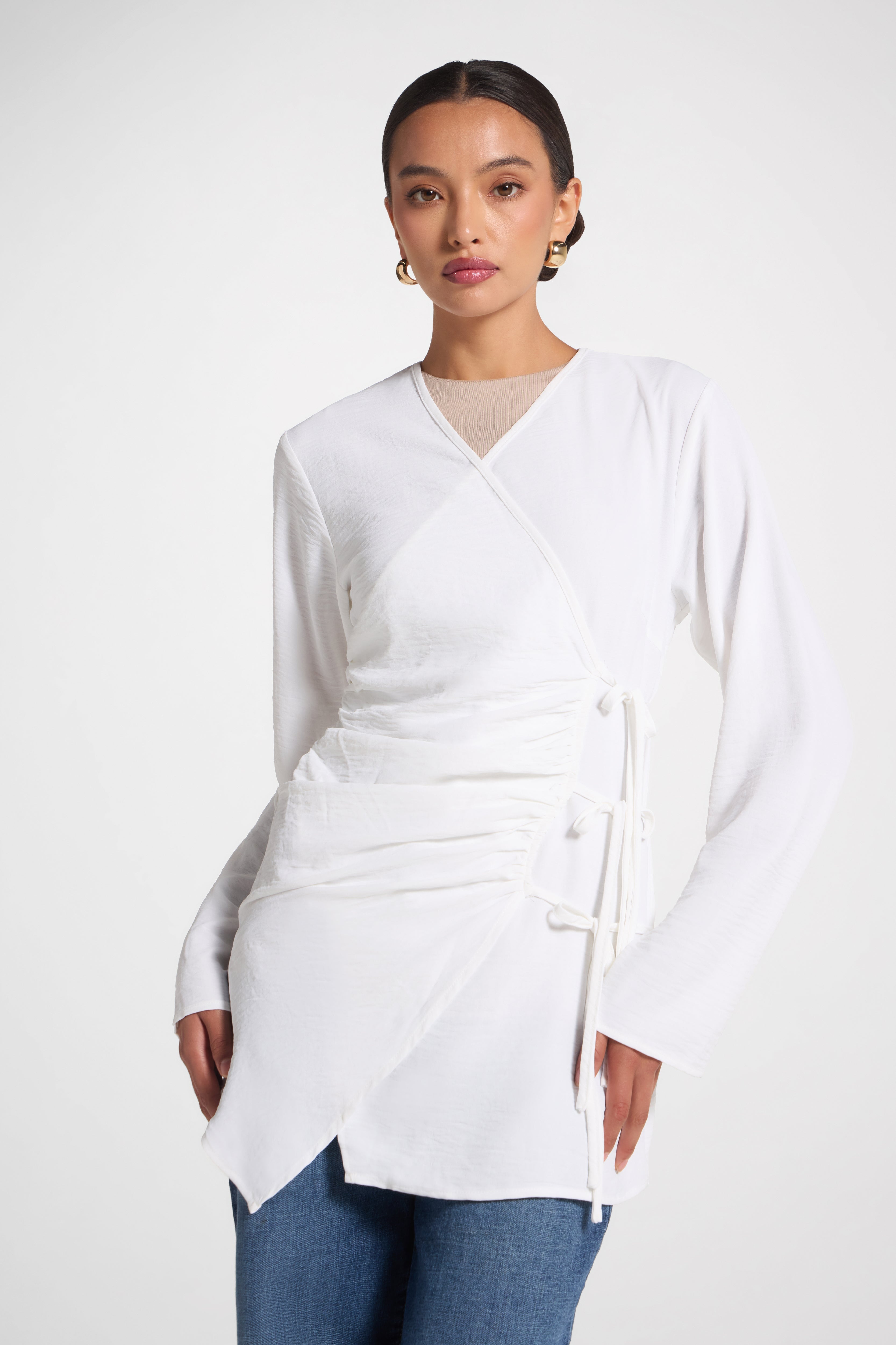 Wrinkle Tie Front Top - White Veiled