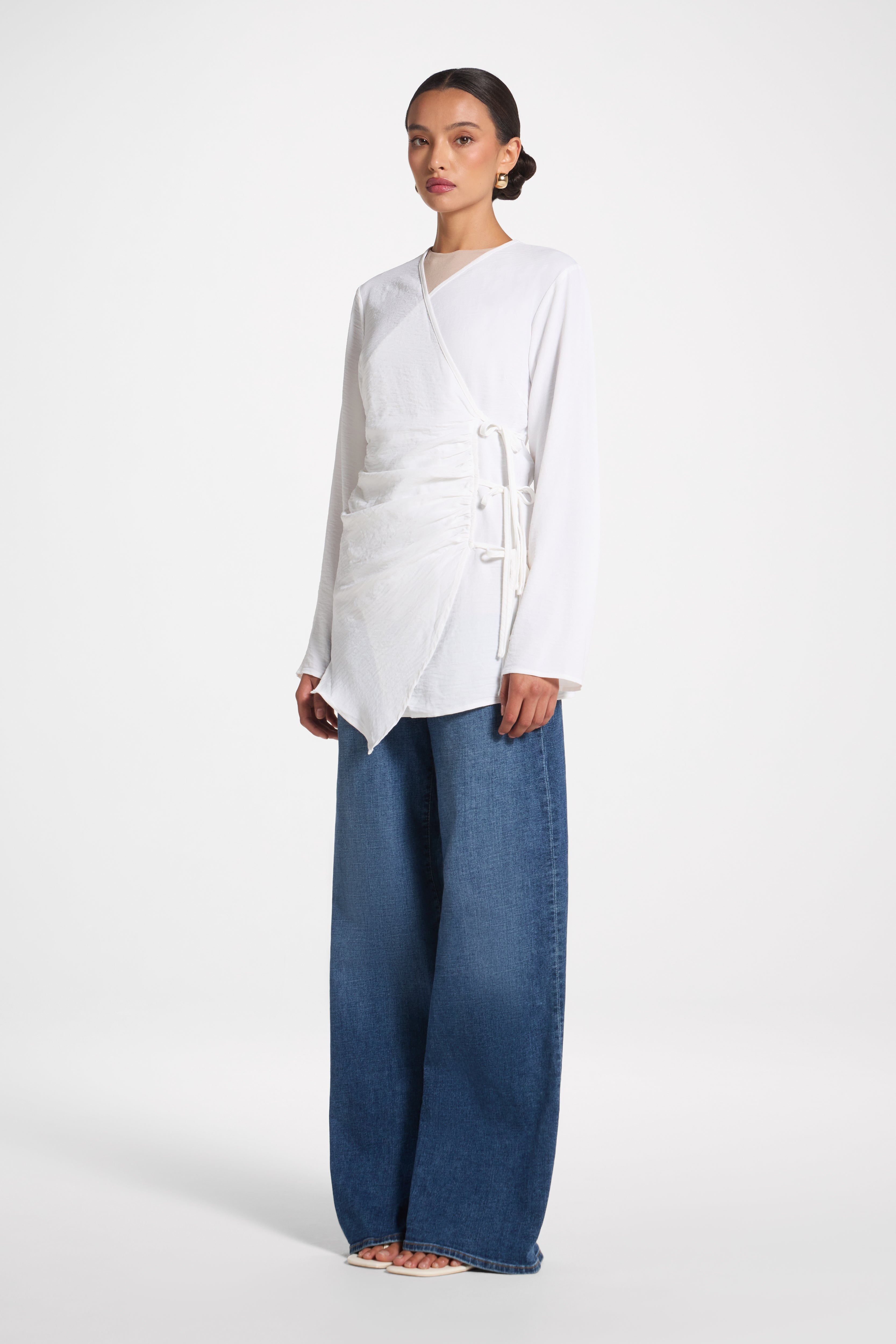 Wrinkle Tie Front Top - White Veiled