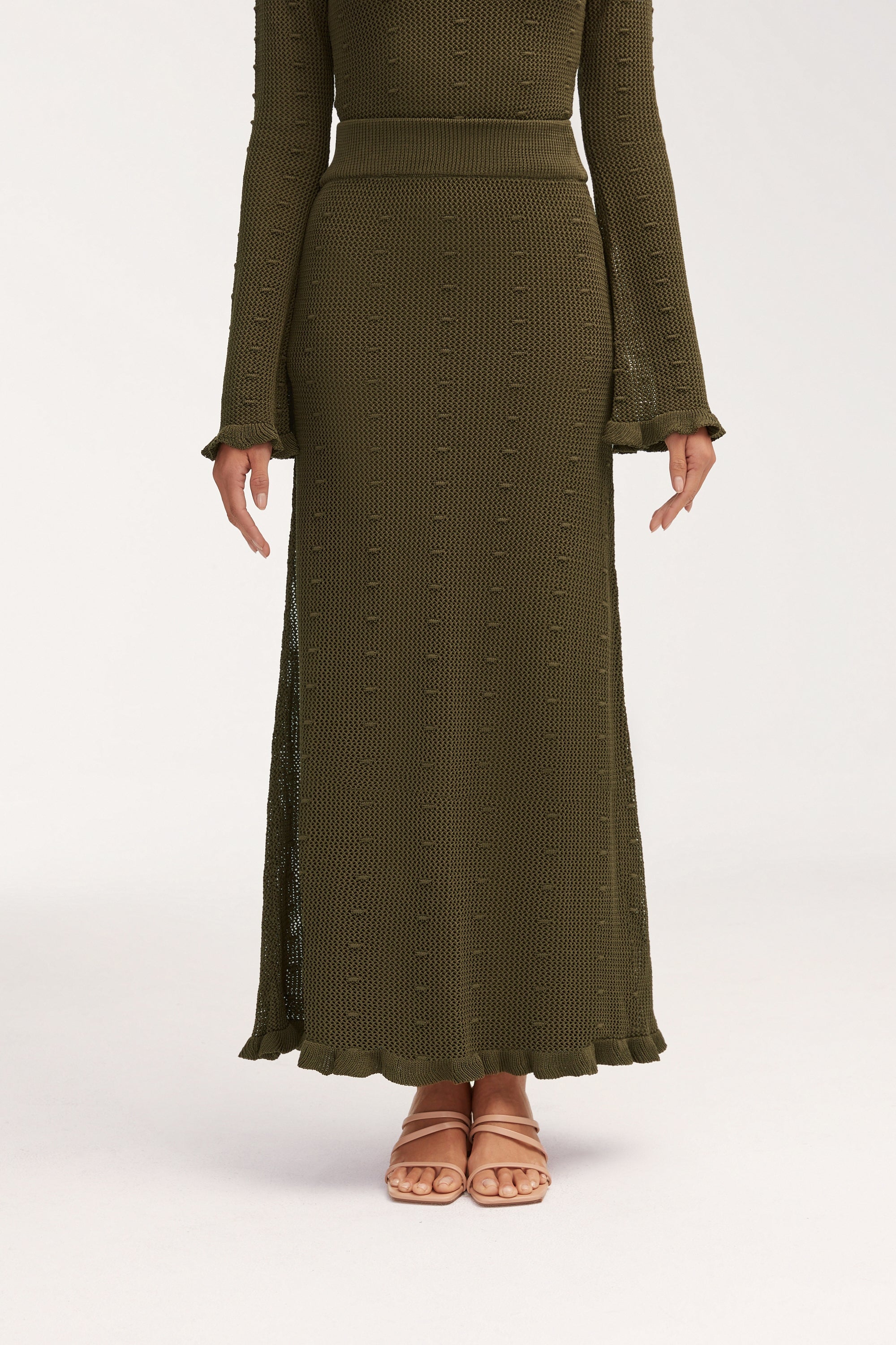 Yara Crochet Maxi Skirt - Dark Olive Clothing Veiled 