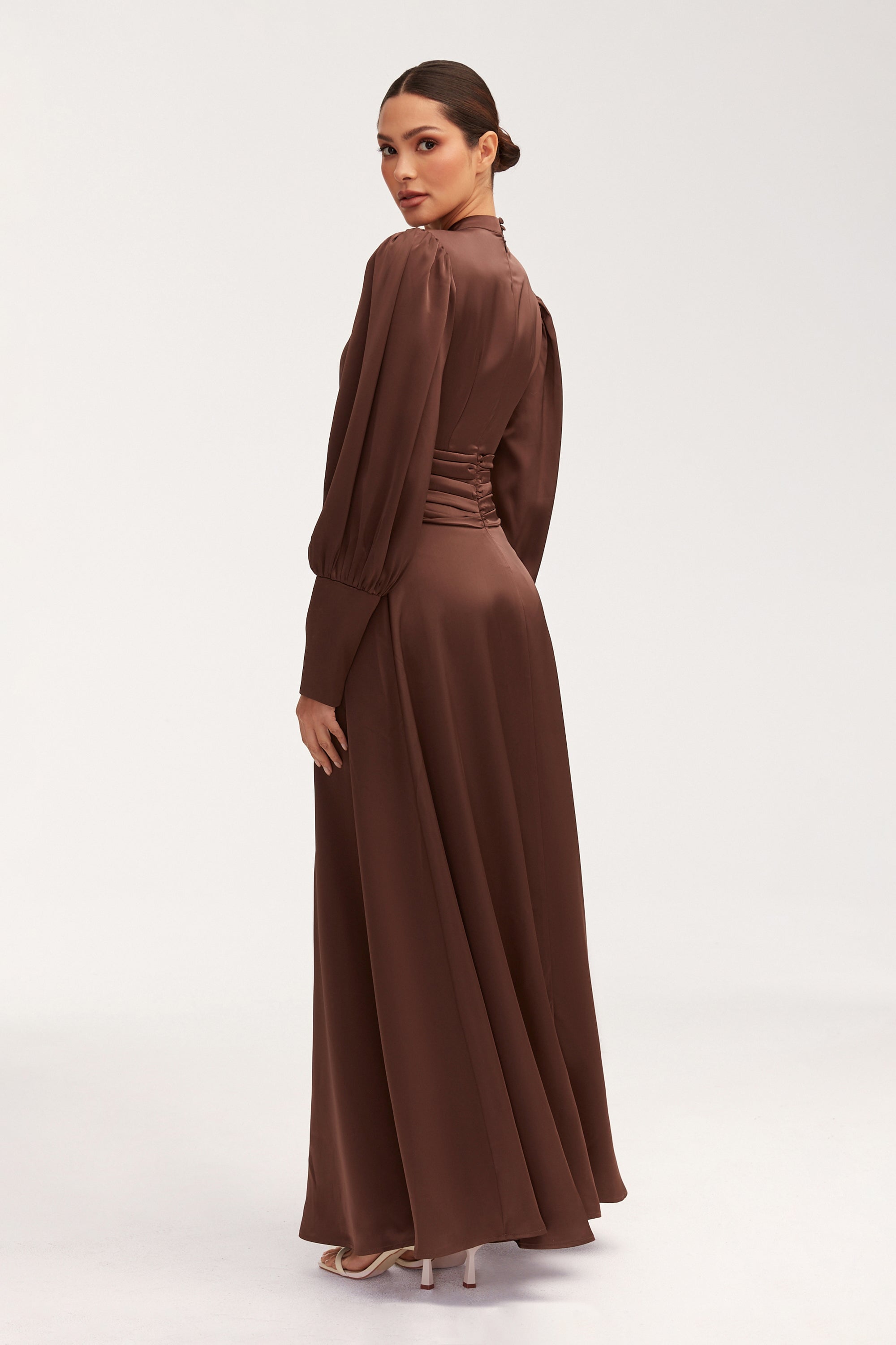 Yasmeena Pleated Waist Satin Maxi Dress - Chocolate Clothing Veiled 