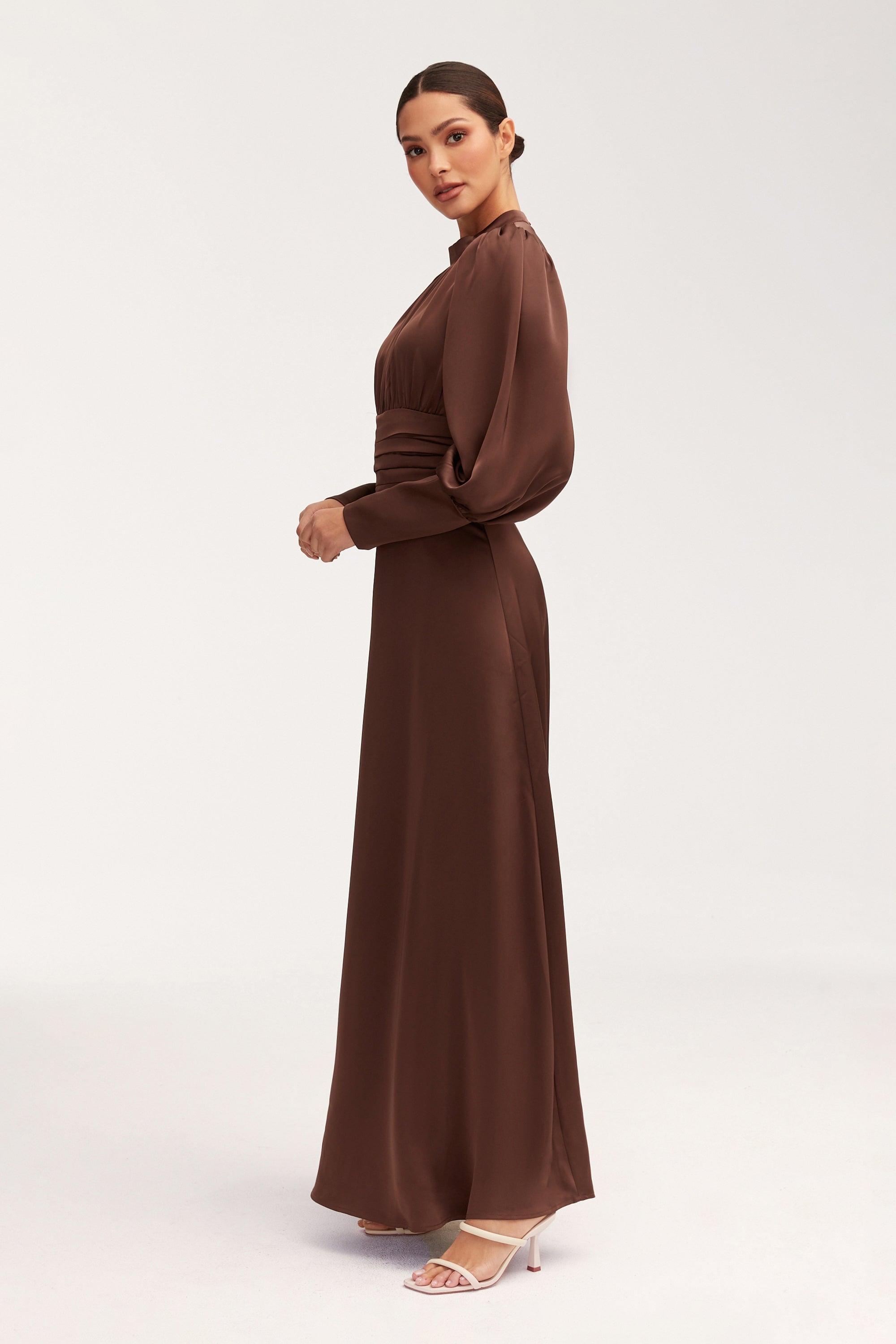 Yasmeena Pleated Waist Satin Maxi Dress - Chocolate Clothing Veiled 