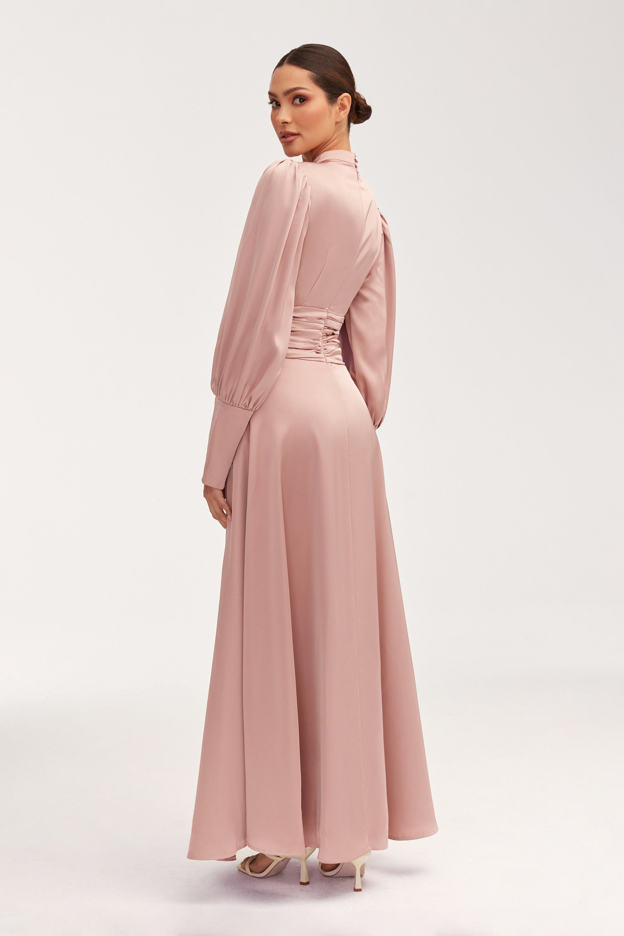 Yasmeena Pleated Waist Satin Maxi Dress - Dusty Rose Clothing epschoolboard 