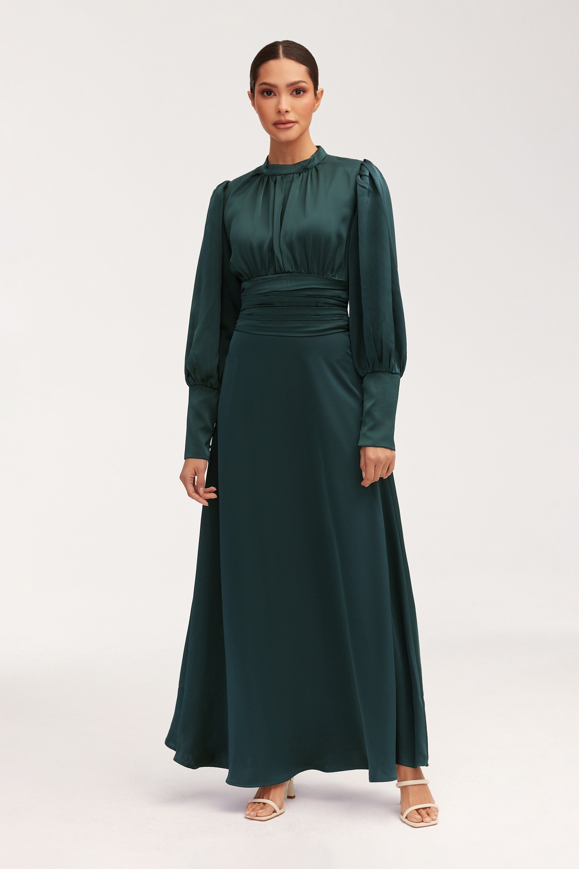 Yasmeena Pleated Waist Satin Maxi Dress - Emerald Clothing epschoolboard 
