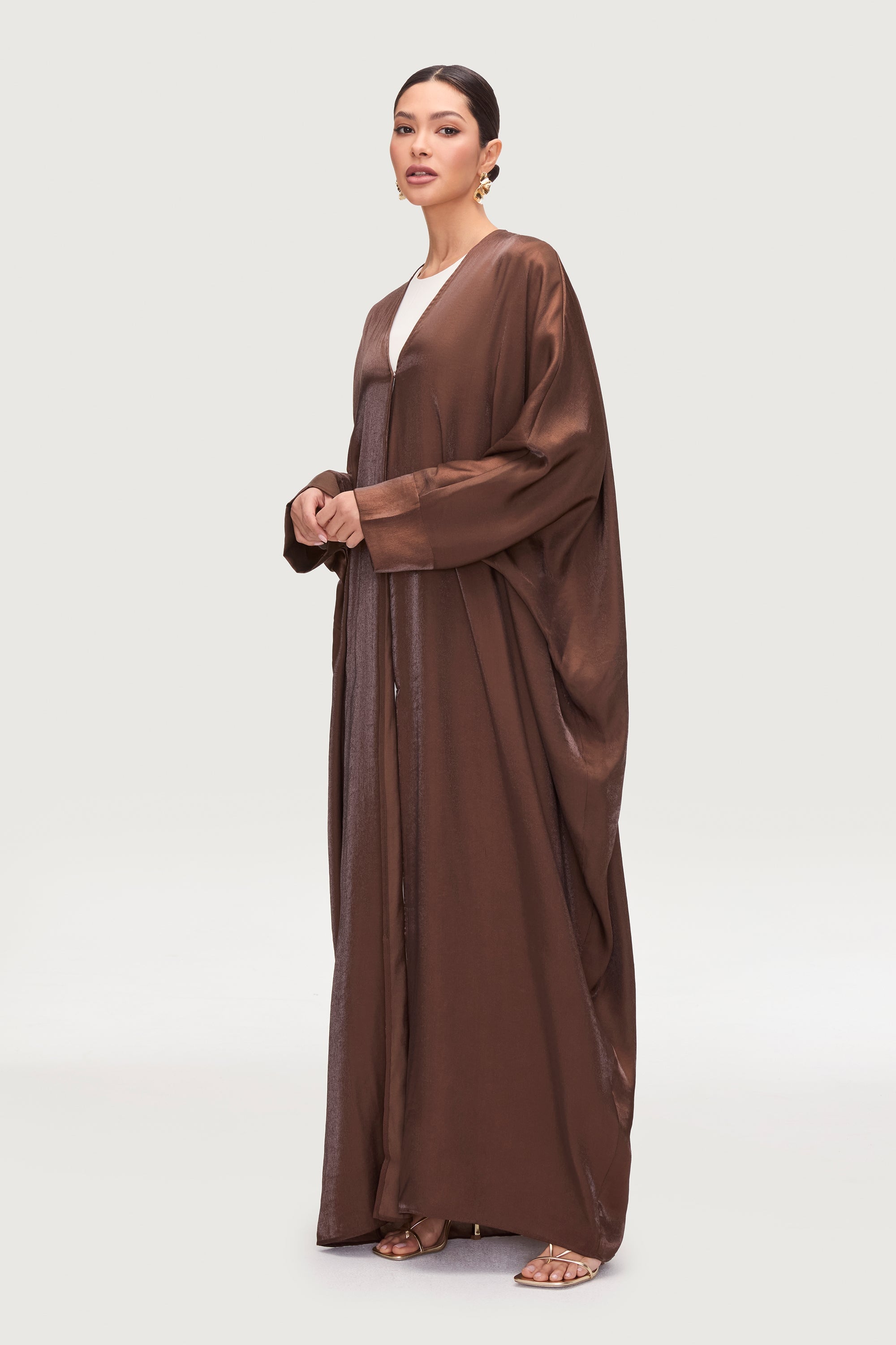 Zara Satin Open Abaya - Chocolate Abayas Veiled