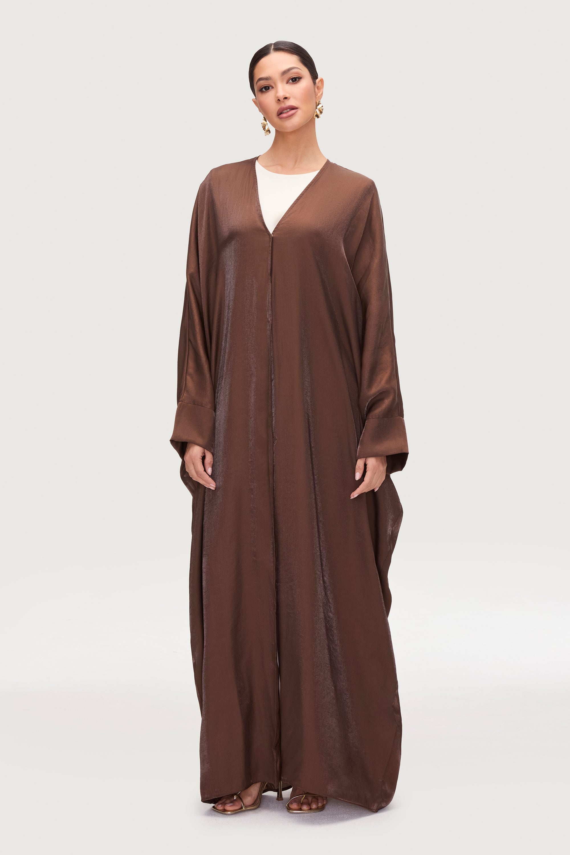 Zara Satin Open Abaya - Chocolate Abayas Veiled