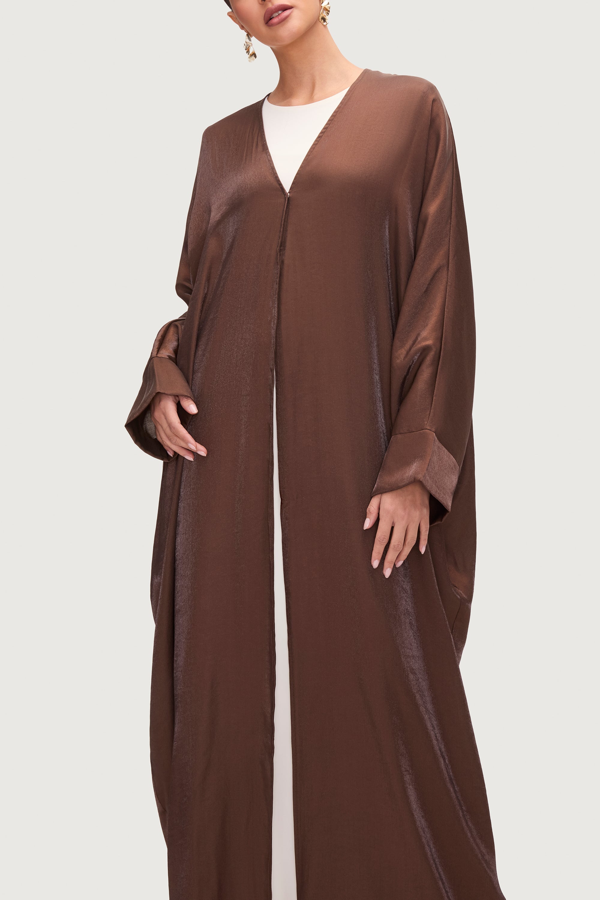 Zara Satin Open Abaya - Chocolate Abayas Veiled