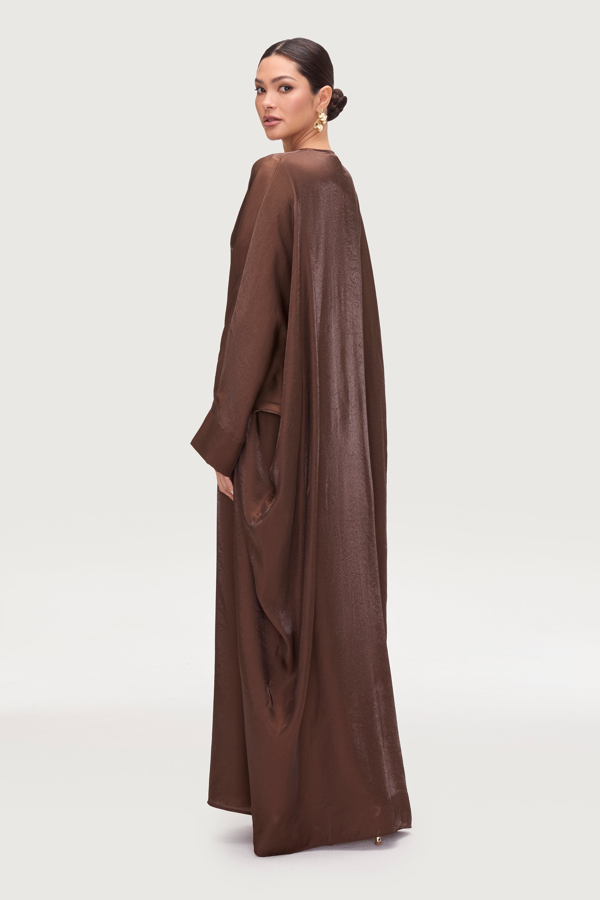 Zara Satin Open Abaya - Chocolate Abayas Veiled